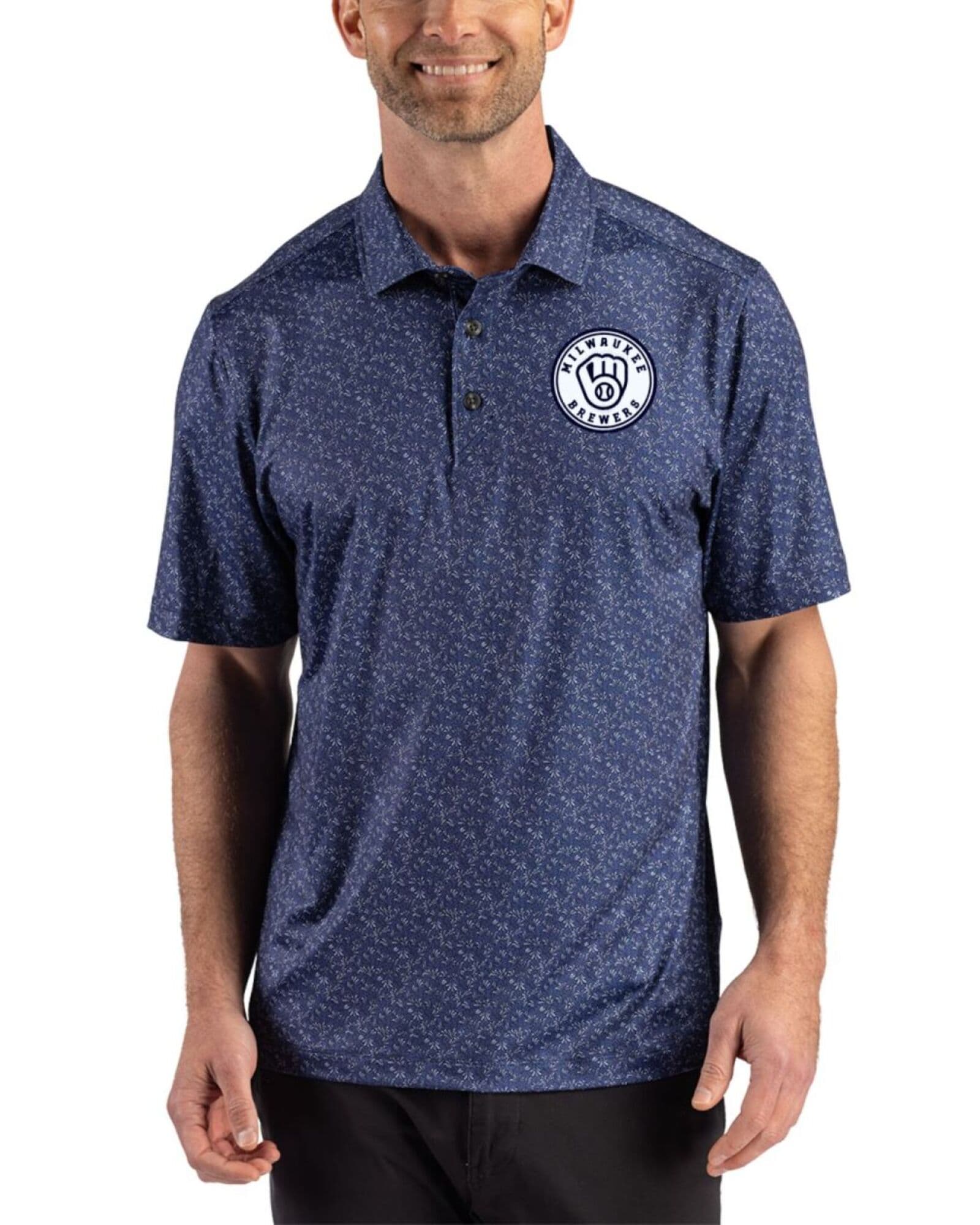 Men's Milwaukee Brewers Cutter & Buck Mono Navy Blue Pike Fern Print Polo