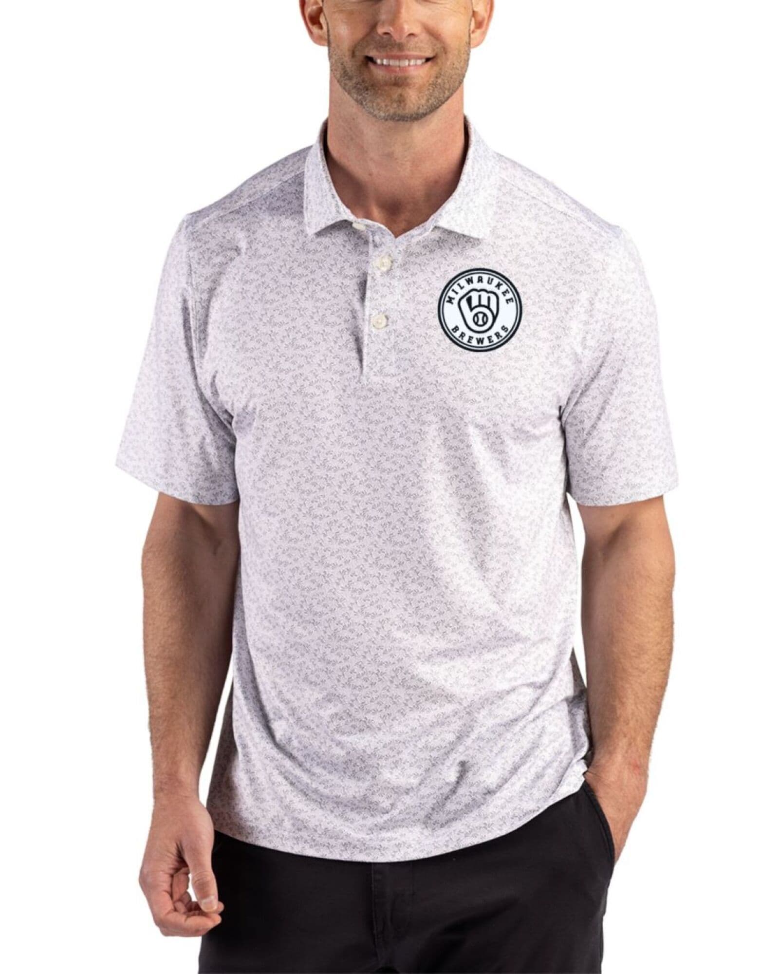 Men's Milwaukee Brewers Cutter & Buck Mono Polished Pike Fern Print Polo
