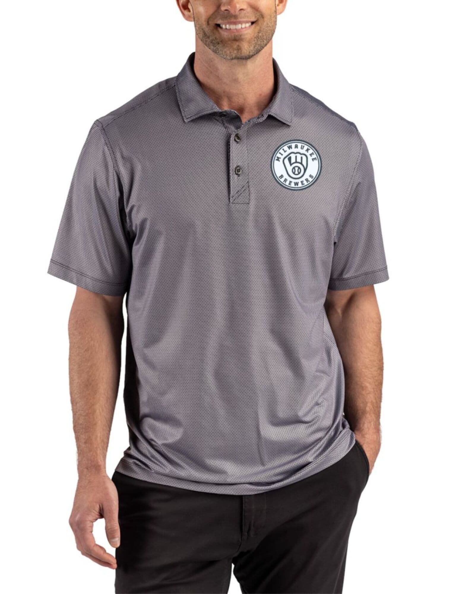 Men's Milwaukee Brewers Cutter & Buck Mono Black Pike Lattice Print Polo