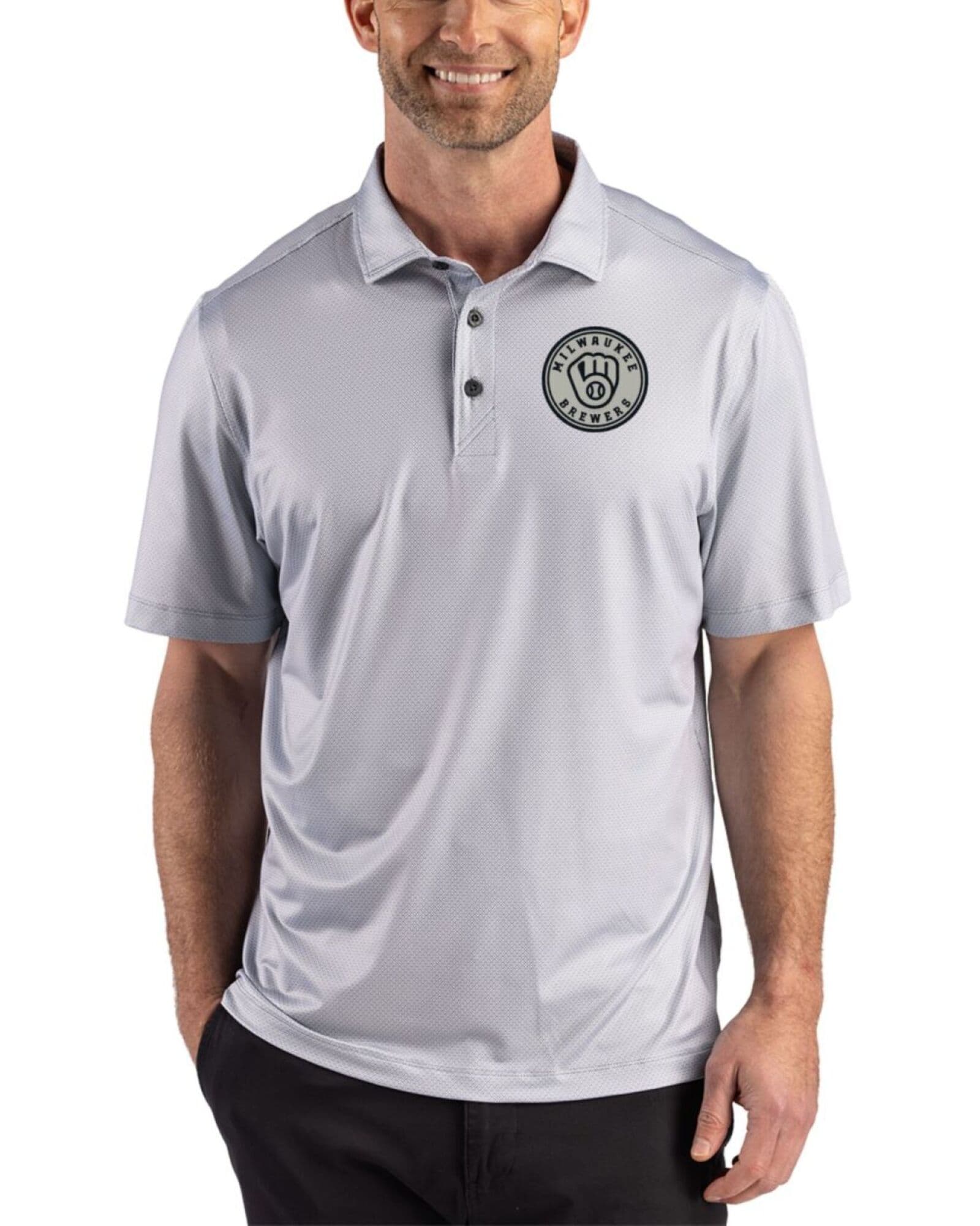 Men's Milwaukee Brewers Cutter & Buck Mono Elemental Grey Pike Lattice Print Polo