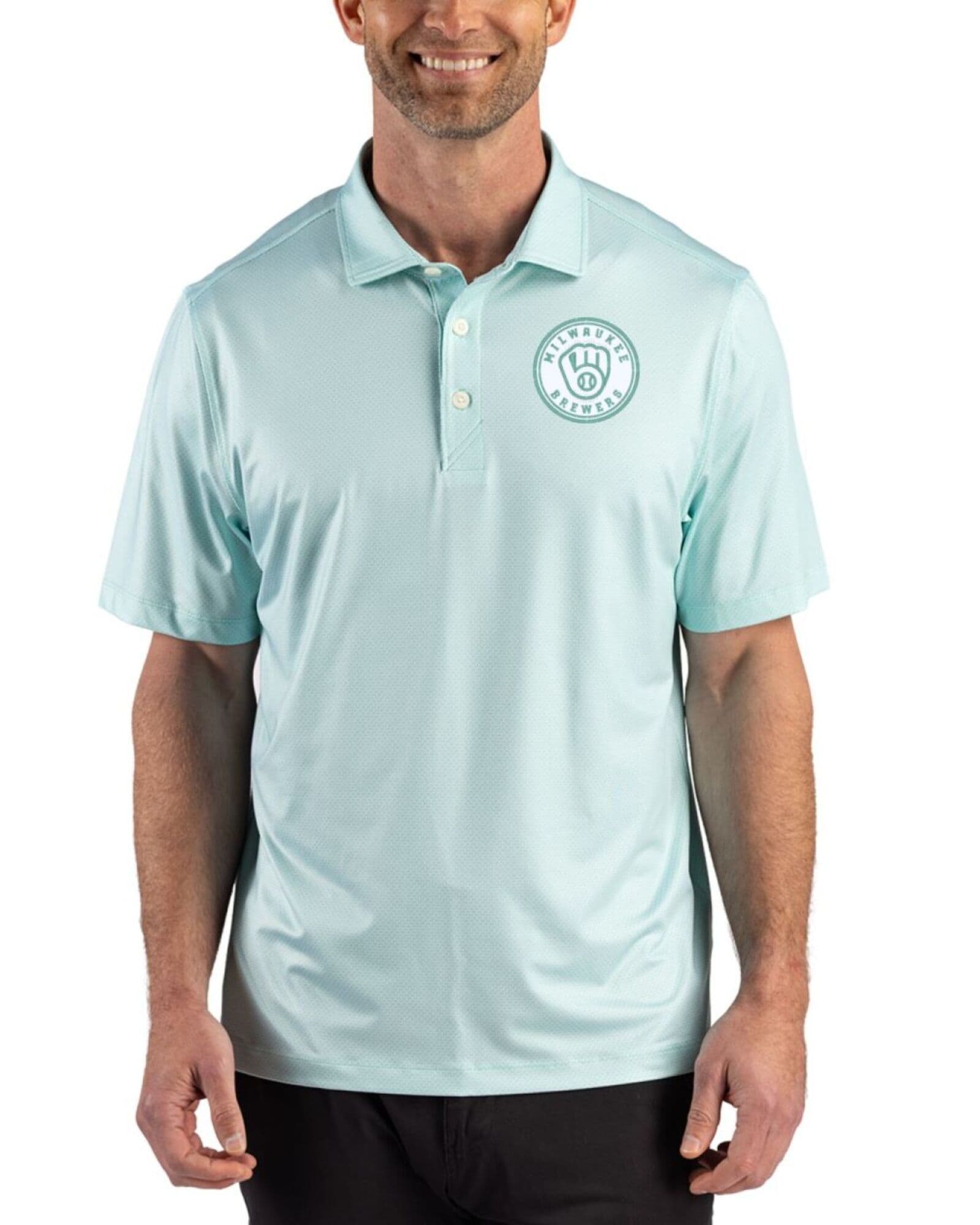 Men's Milwaukee Brewers Cutter & Buck Mono Fresh Mint Pike Lattice Print Polo