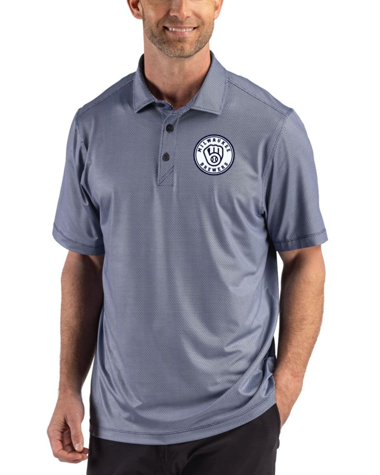 Men's Milwaukee Brewers Cutter & Buck Mono Navy Blue Pike Lattice Print Polo