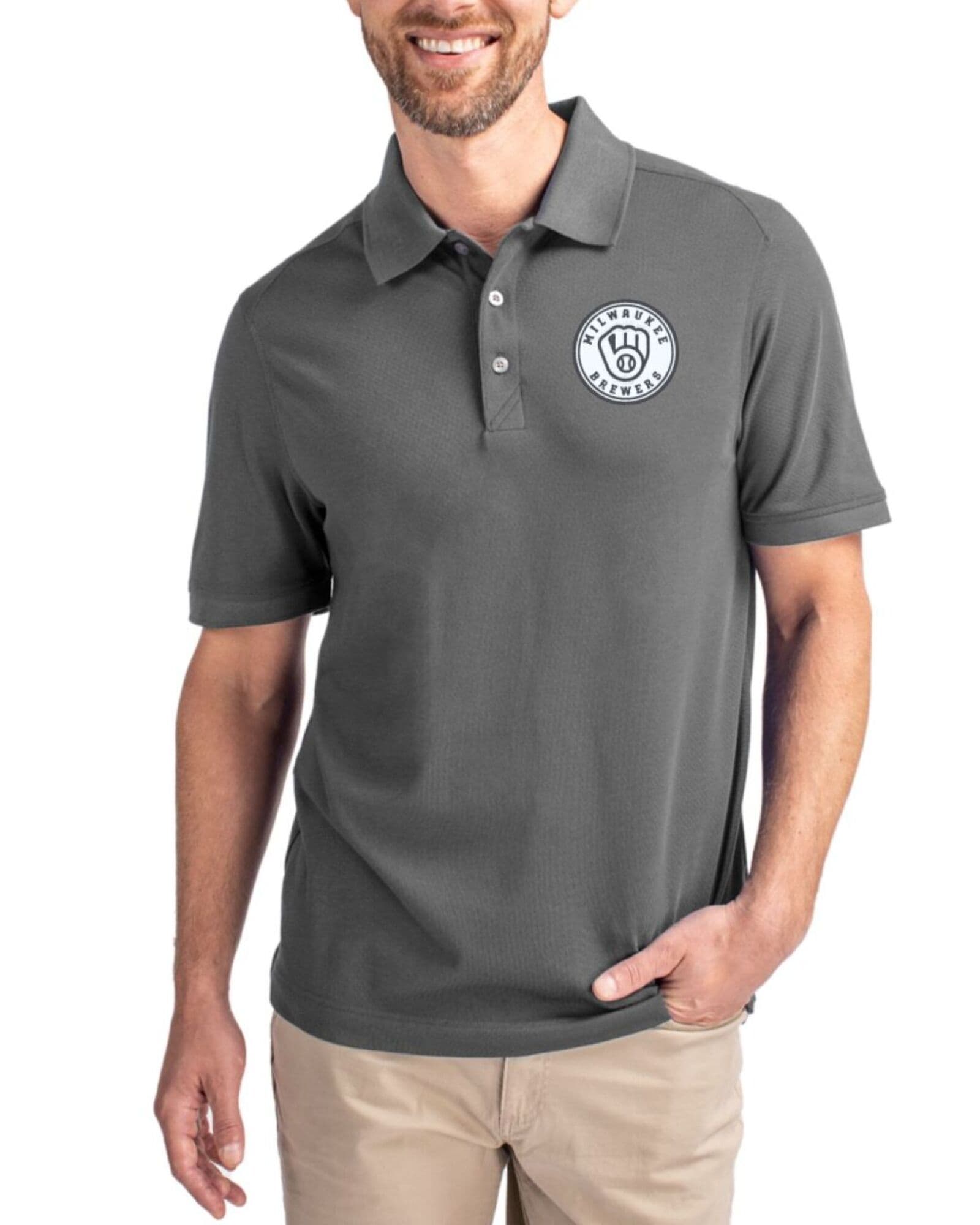Men's Milwaukee Brewers Cutter & Buck Mono Elemental Grey Advantage Cotton-Blend Pique Polo