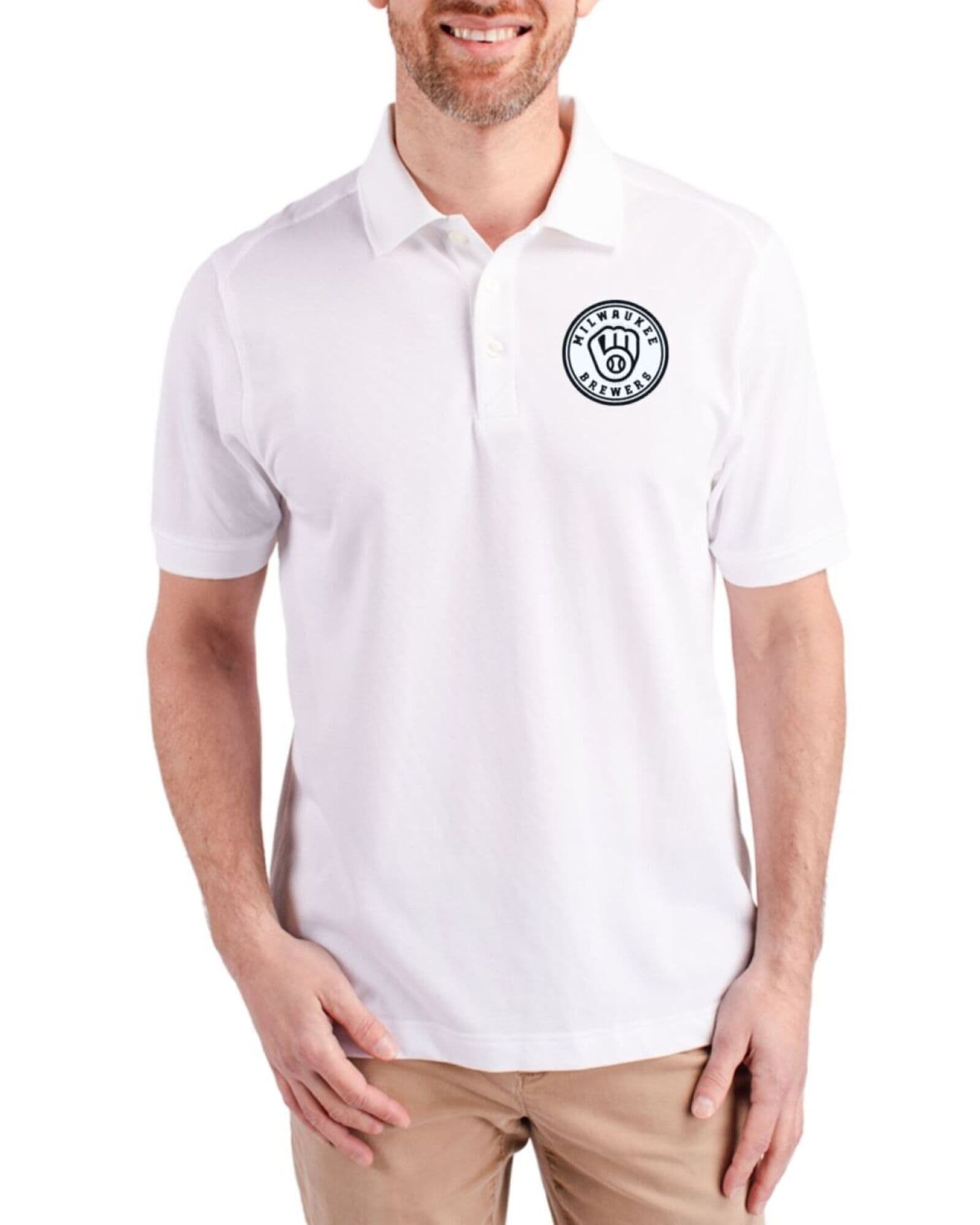 Men's Milwaukee Brewers Cutter & Buck Mono White Advantage Cotton-Blend Pique Polo