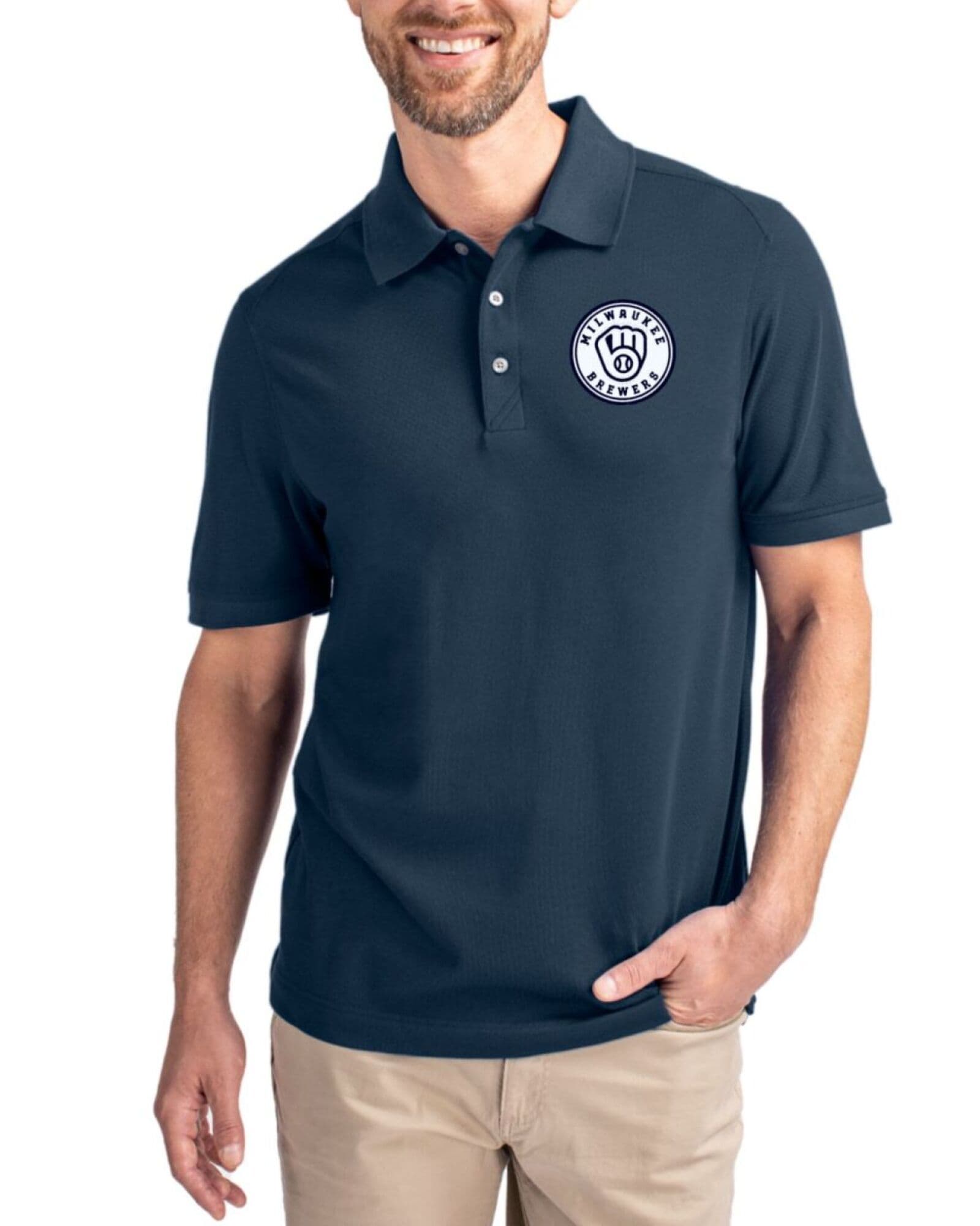 Men's Milwaukee Brewers Cutter & Buck Mono Liberty Navy Advantage Cotton-Blend Pique Polo