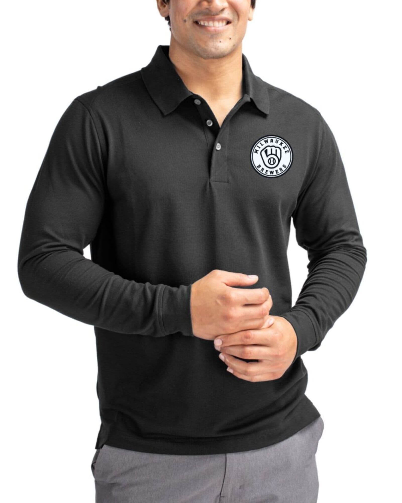 Men's Milwaukee Brewers Cutter & Buck Mono Black Advantage Cotton-Blend Pique Long Sleeve Polo