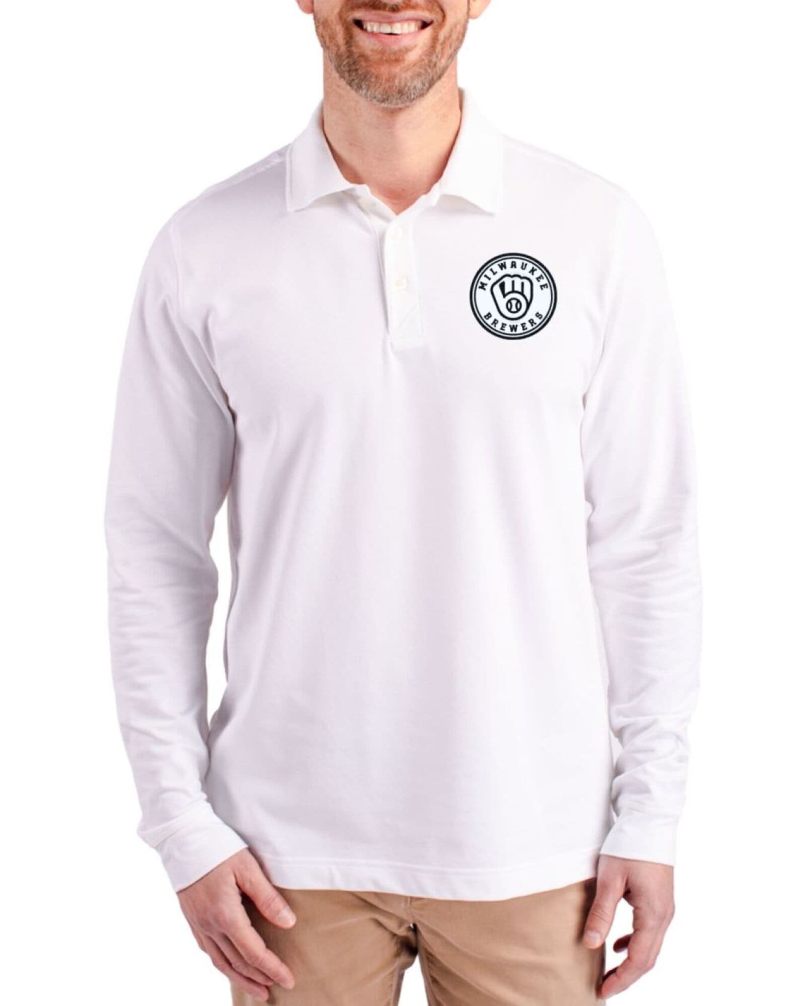 Men's Milwaukee Brewers Cutter & Buck Mono White Advantage Cotton-Blend Pique Long Sleeve Polo
