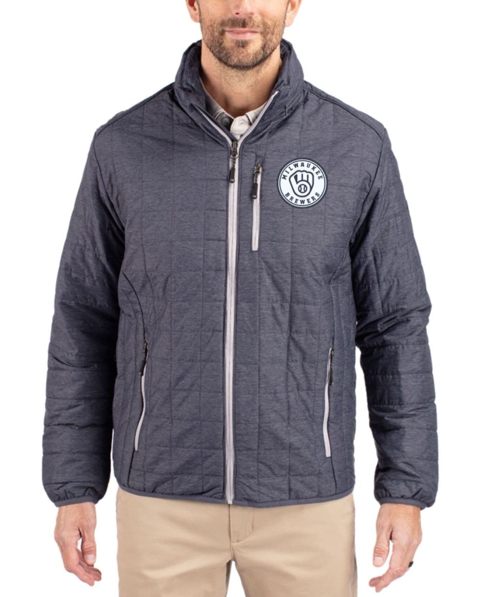Men's Milwaukee Brewers Cutter & Buck Mono Anthracite Melange Rainier Insulated Puffer Full Zip Jacket