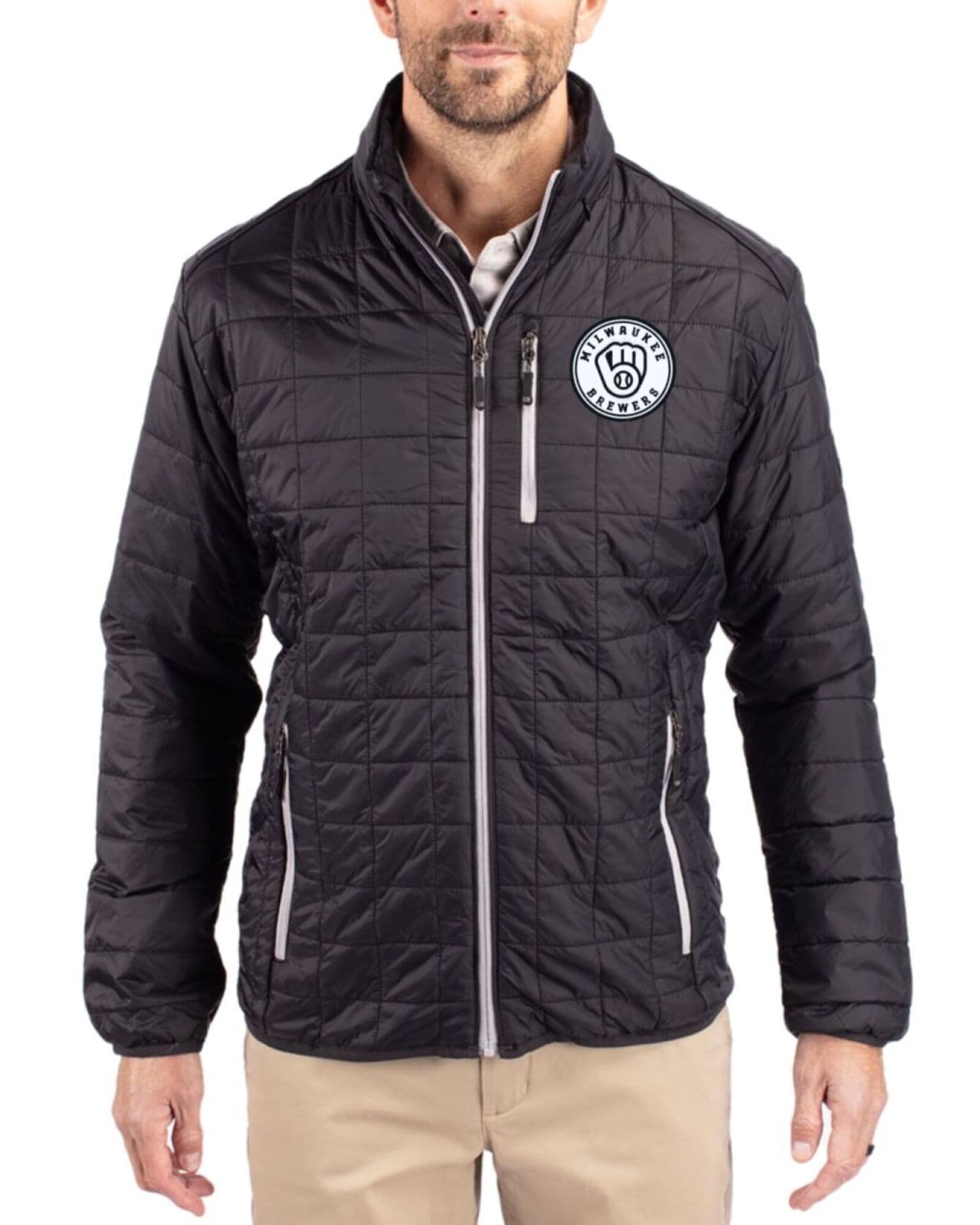 Men's Milwaukee Brewers Cutter & Buck Mono Black Rainier Insulated Puffer Full Zip Jacket