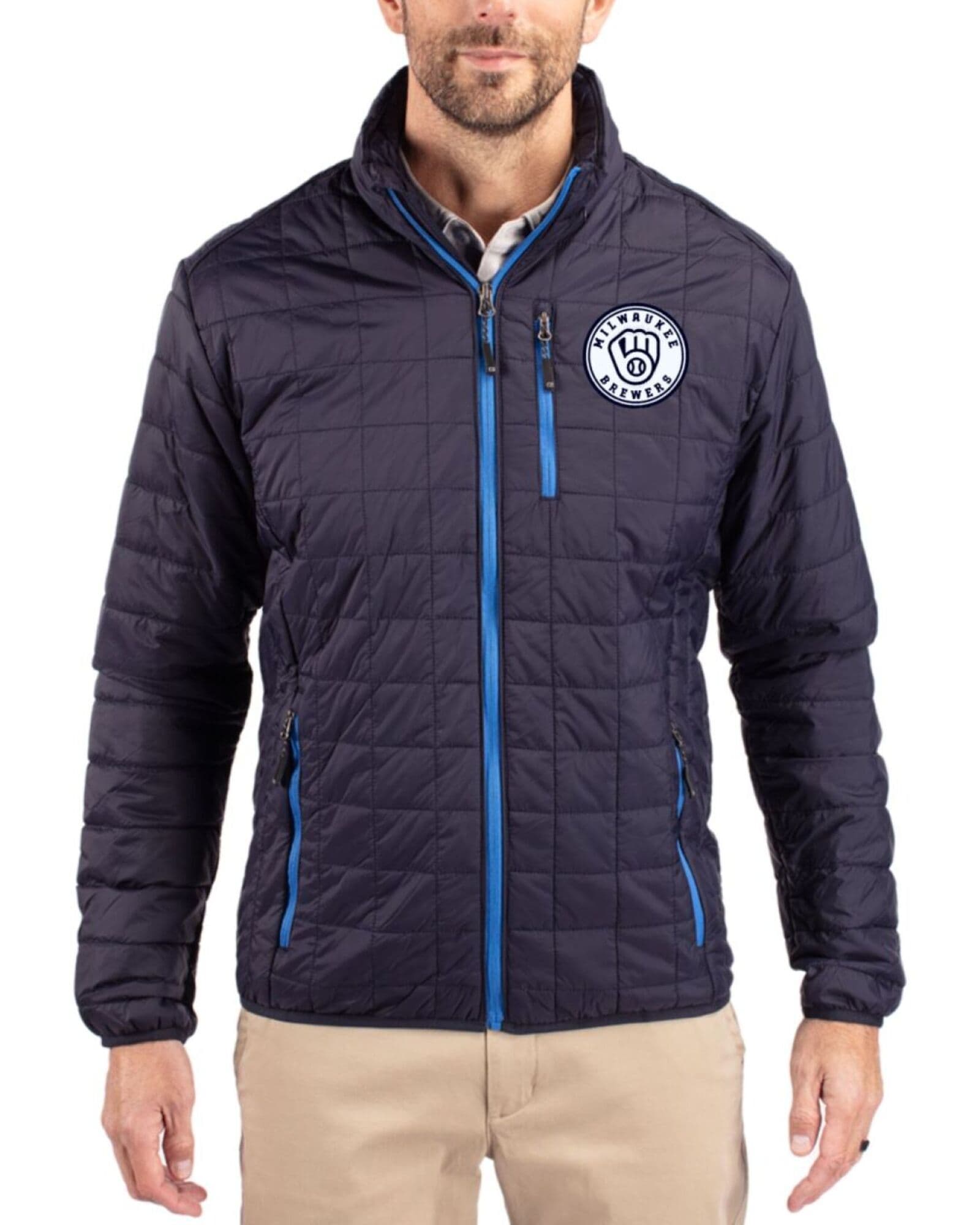 Men's Milwaukee Brewers Cutter & Buck Mono Dark Navy Rainier Insulated Puffer Full Zip Jacket