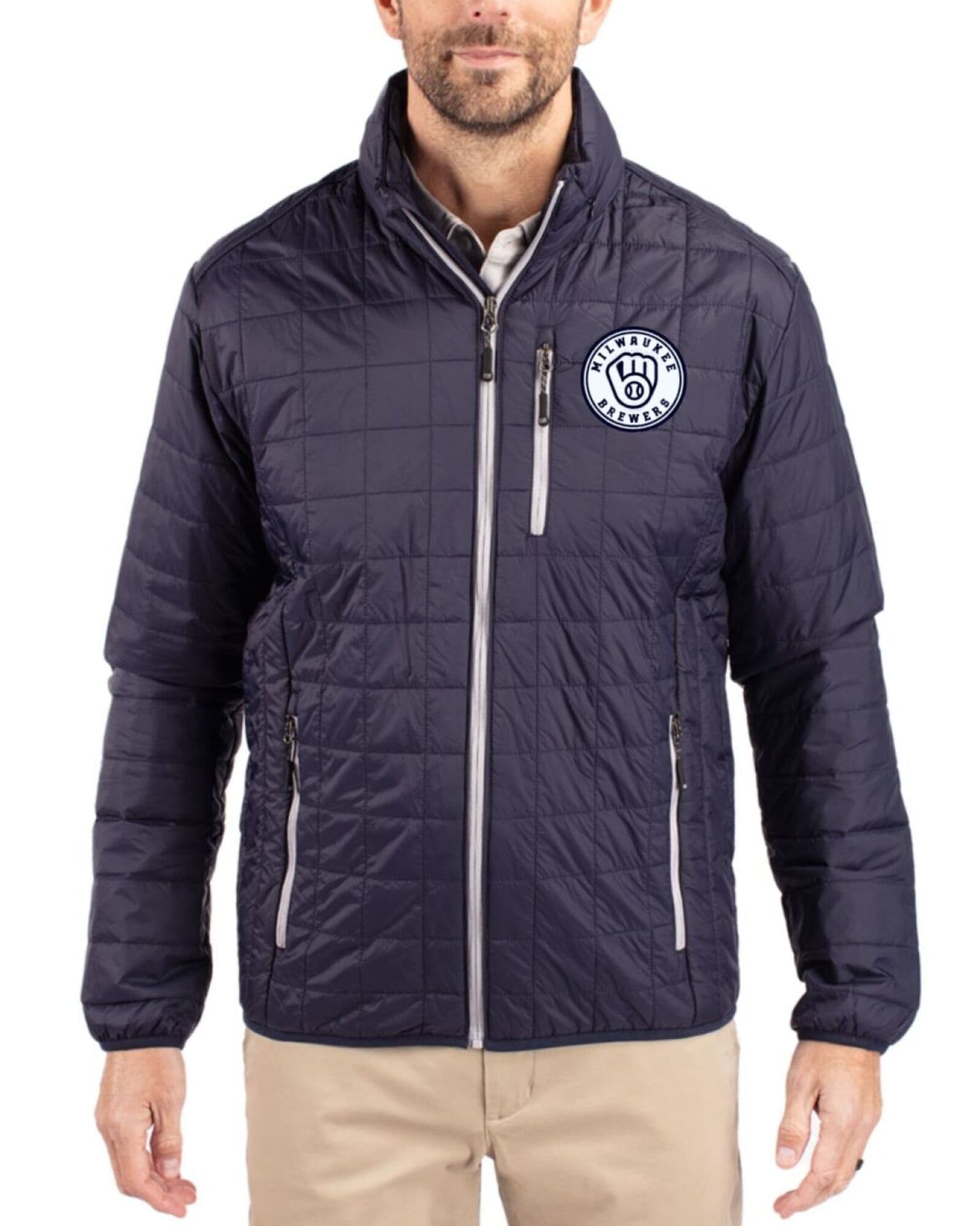 Men's Milwaukee Brewers Cutter & Buck Mono Dark Navy/Silver Rainier Insulated Puffer Full Zip Jacket