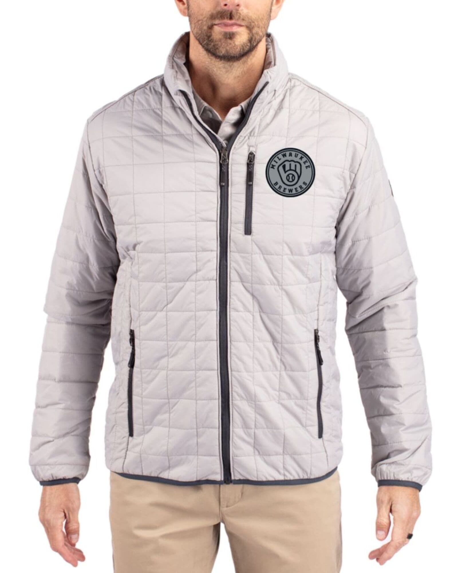 Men's Milwaukee Brewers Cutter & Buck Mono Polished Rainier Insulated Puffer Full Zip Jacket