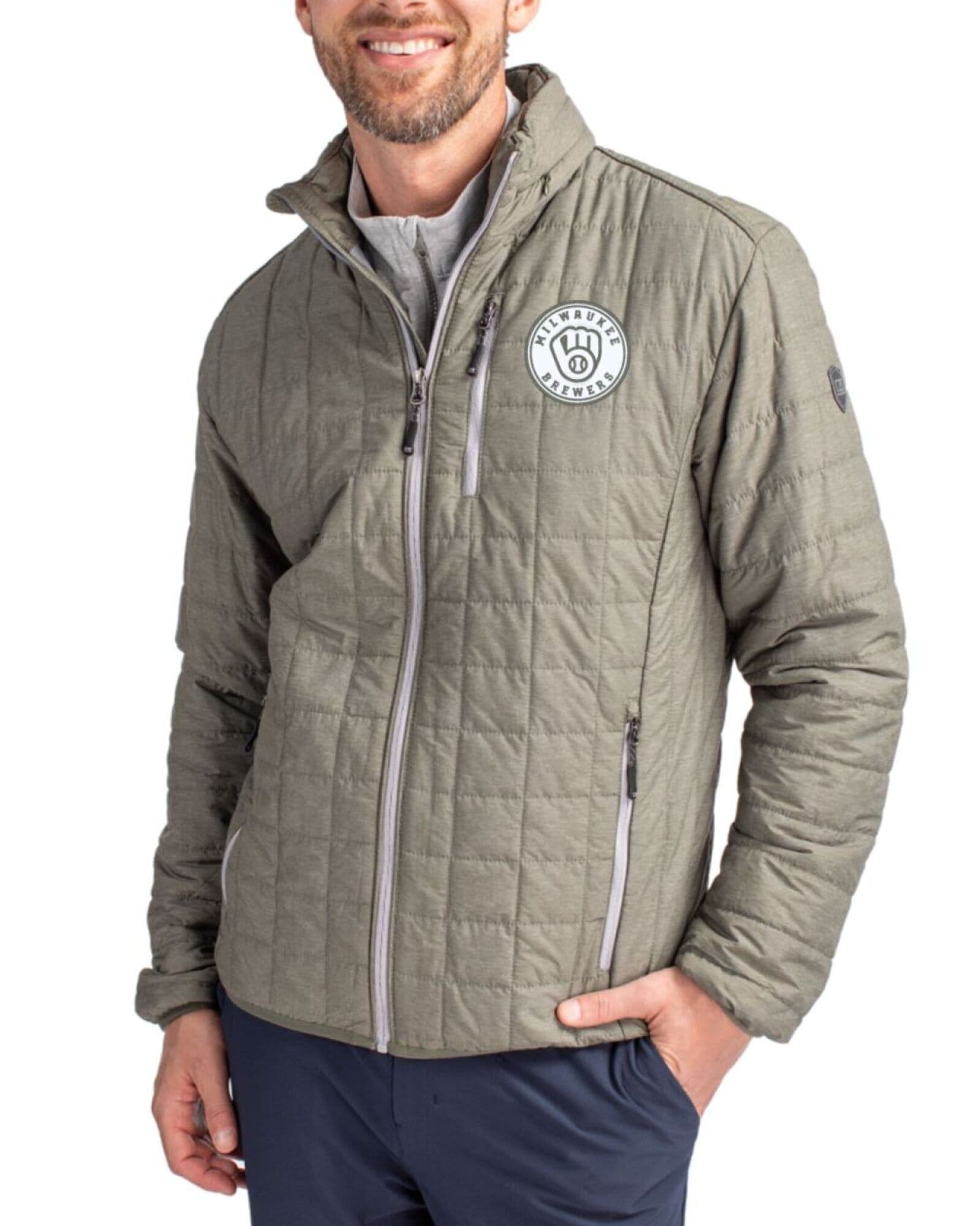 Men's Milwaukee Brewers Cutter & Buck Mono Poplar Melange Rainier Insulated Puffer Full Zip Jacket