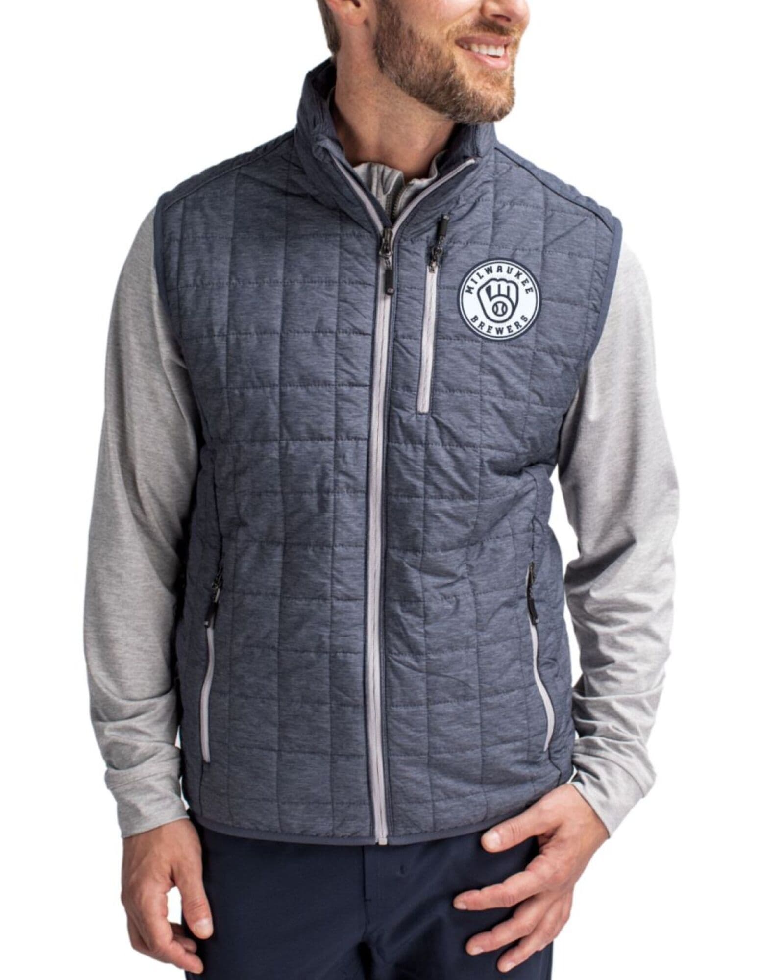 Men's Milwaukee Brewers Cutter & Buck Mono Anthracite Melange Rainier Insulated Puffer Full Zip Vest