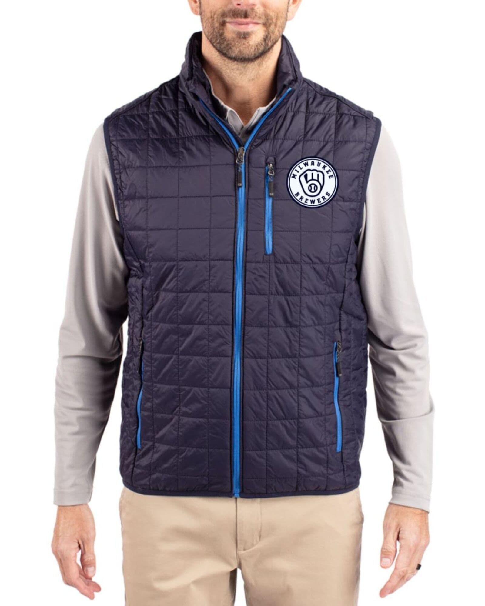 Men's Milwaukee Brewers Cutter & Buck Mono Dark Navy Rainier Insulated Puffer Full Zip Vest