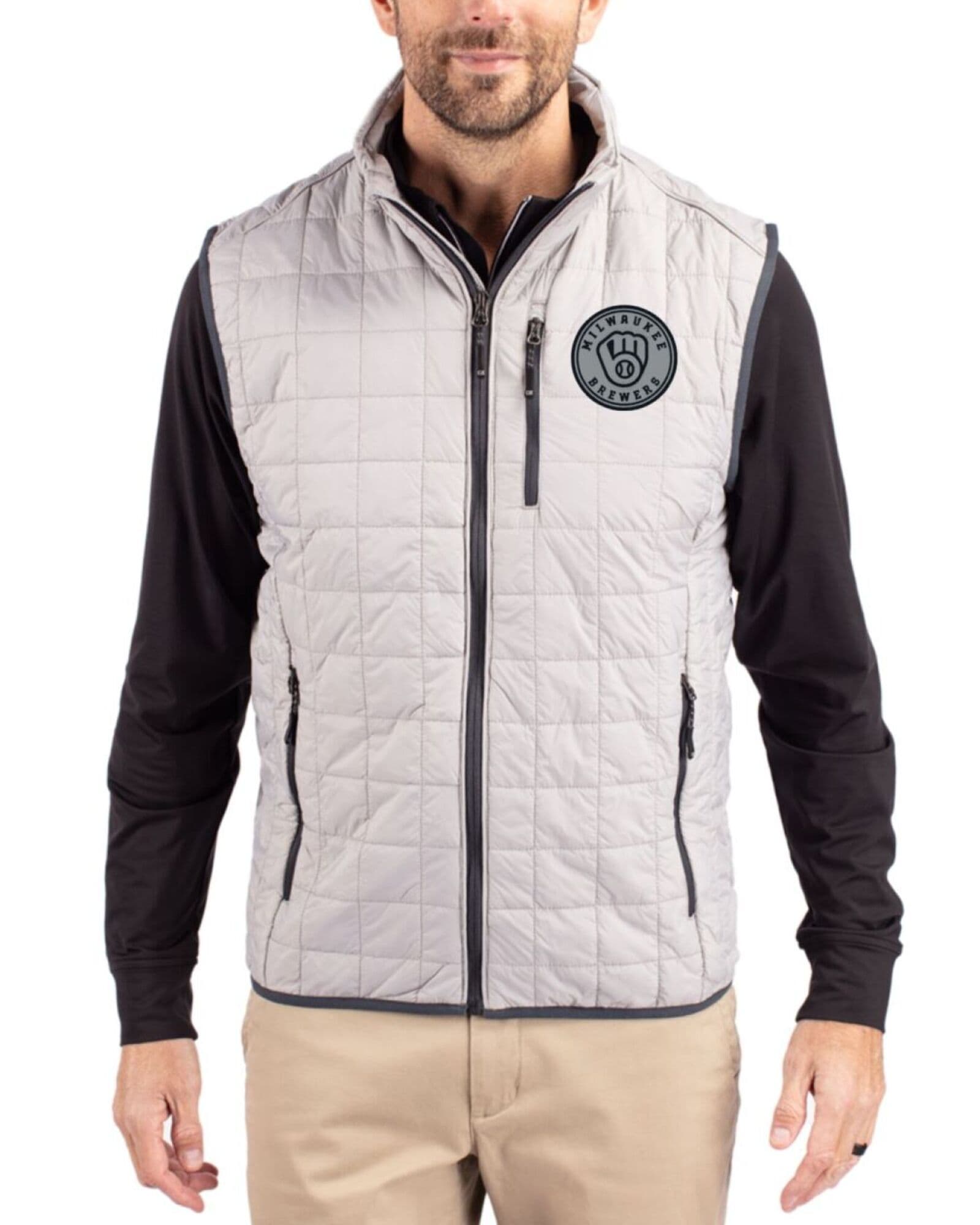 Men's Milwaukee Brewers Cutter & Buck Mono Polished Rainier Insulated Puffer Full Zip Vest