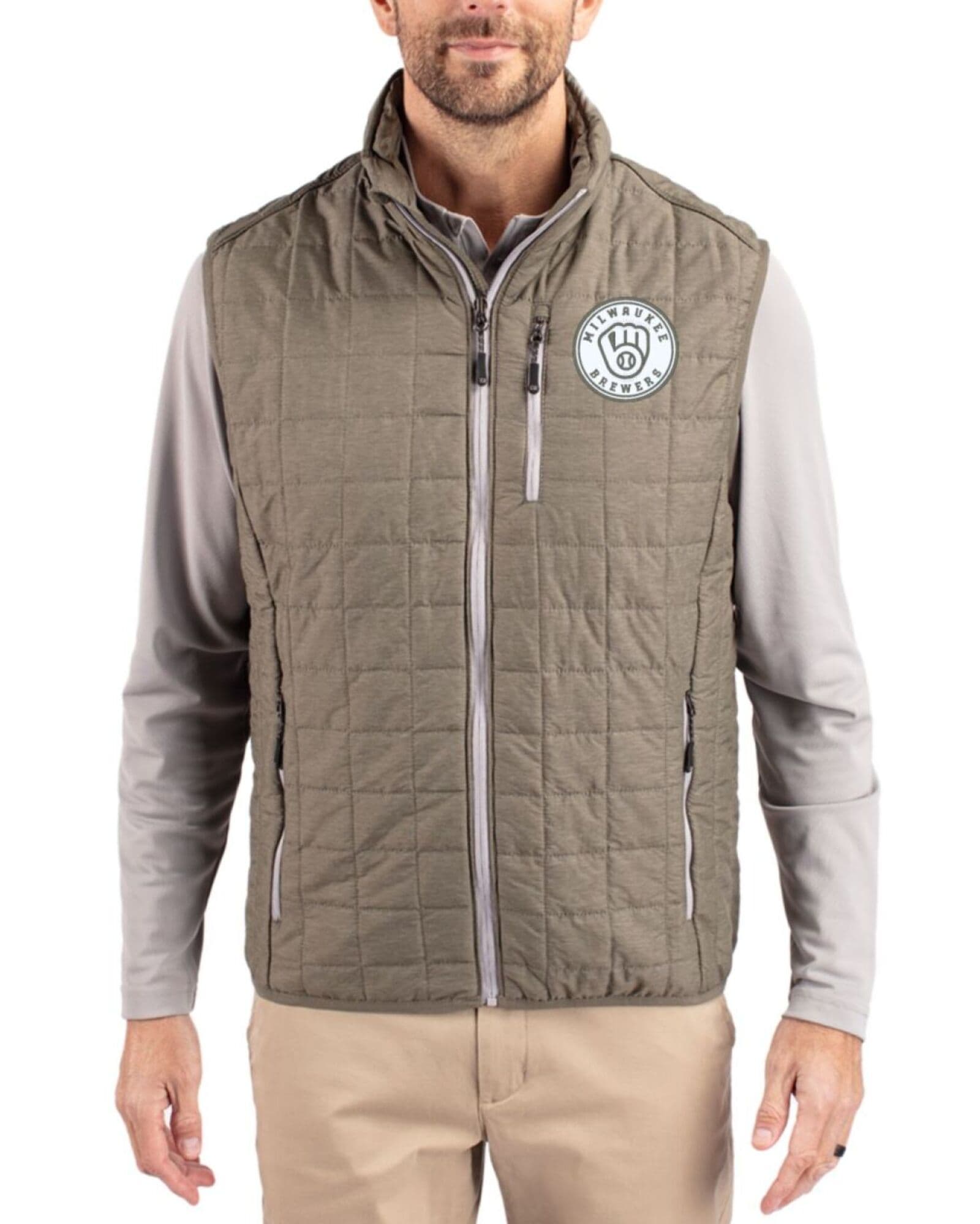 Men's Milwaukee Brewers Cutter & Buck Mono Poplar Melange Rainier Insulated Puffer Full Zip Vest