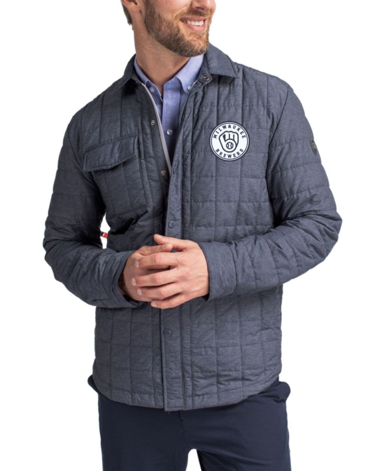 Men's Milwaukee Brewers Cutter & Buck Mono Anthracite Melange Rainier Insulated Puffer Full Zip Shirt Jacket