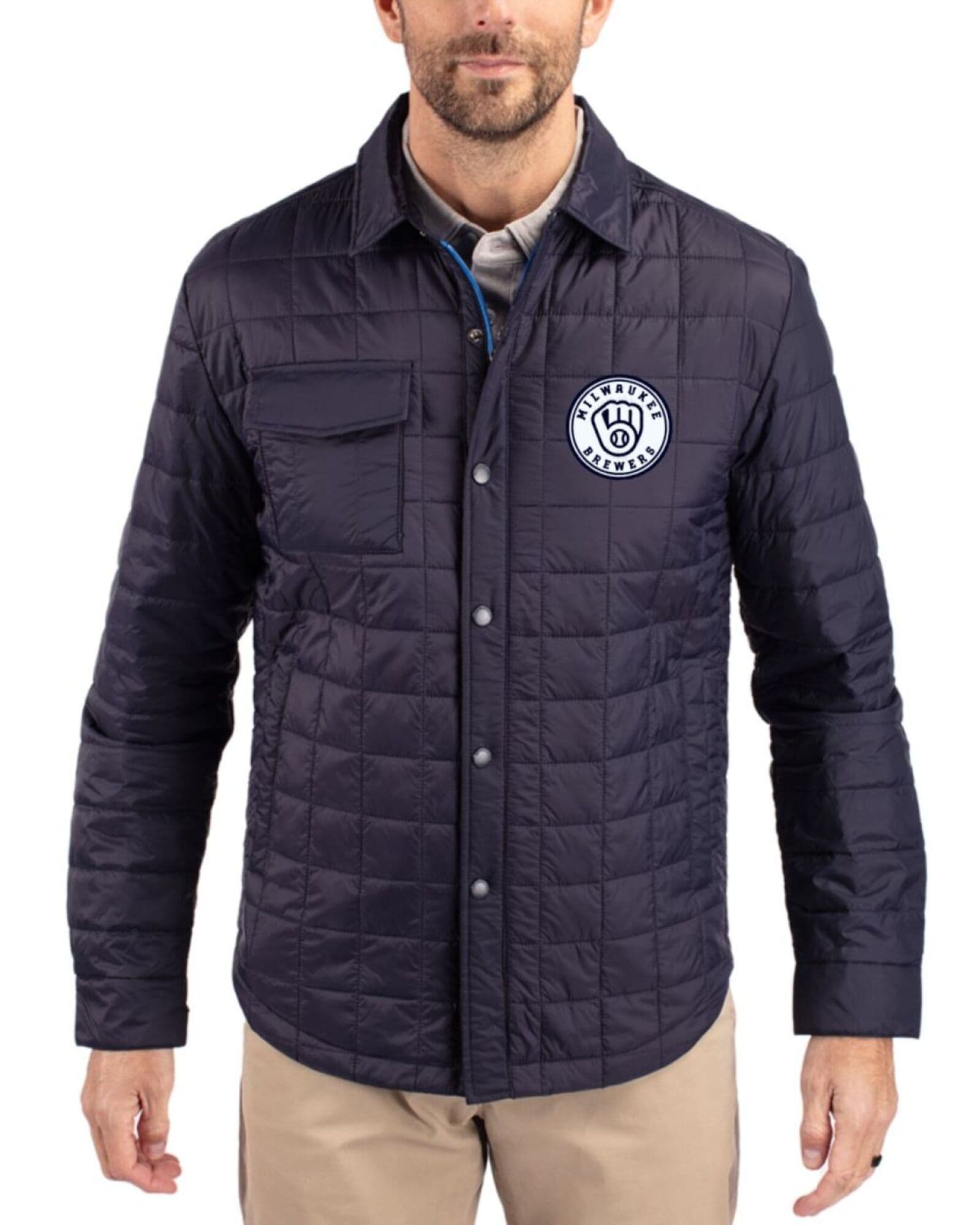 Men's Milwaukee Brewers Cutter & Buck Mono Dark Navy Rainier Insulated Puffer Full Zip Shirt Jacket