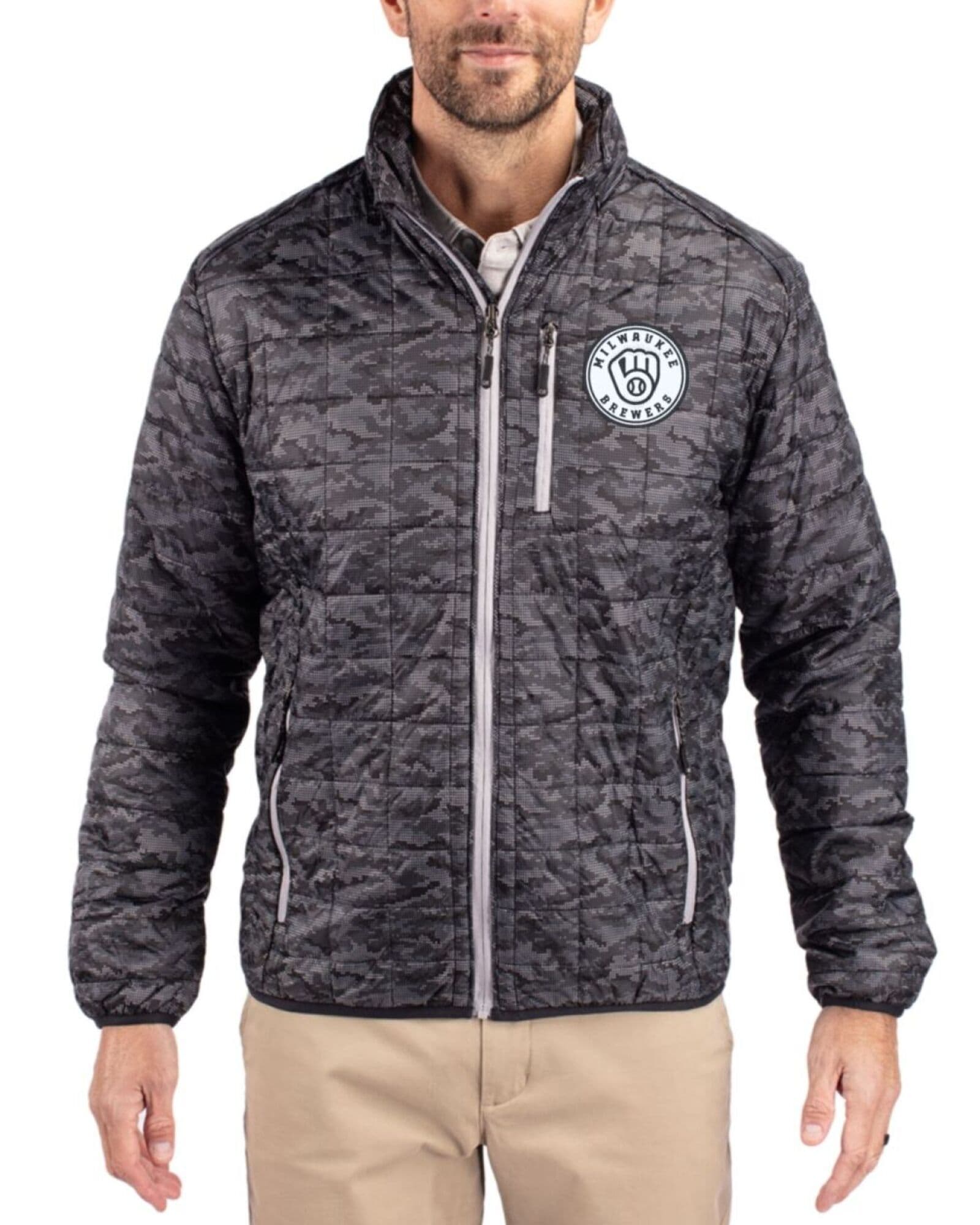 Men's Milwaukee Brewers Cutter & Buck Mono Black Rainier Insulated Printed Puffer Full Zip Jacket