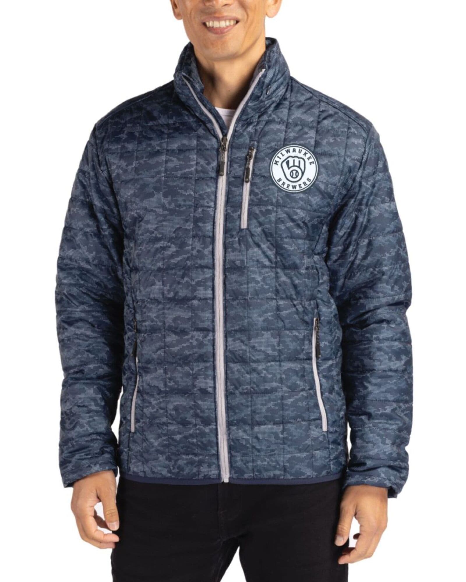 Men's Milwaukee Brewers Cutter & Buck Mono Dark Navy Rainier Insulated Printed Puffer Full Zip Jacket