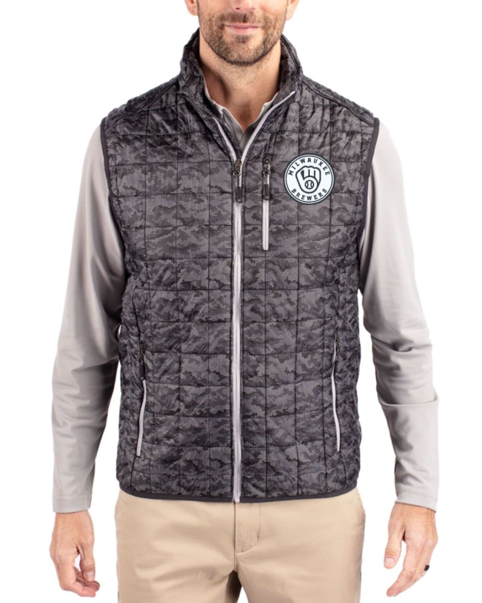 Men's Milwaukee Brewers Cutter & Buck Mono Black Rainier Insulated Printed Puffer Full Zip Vest