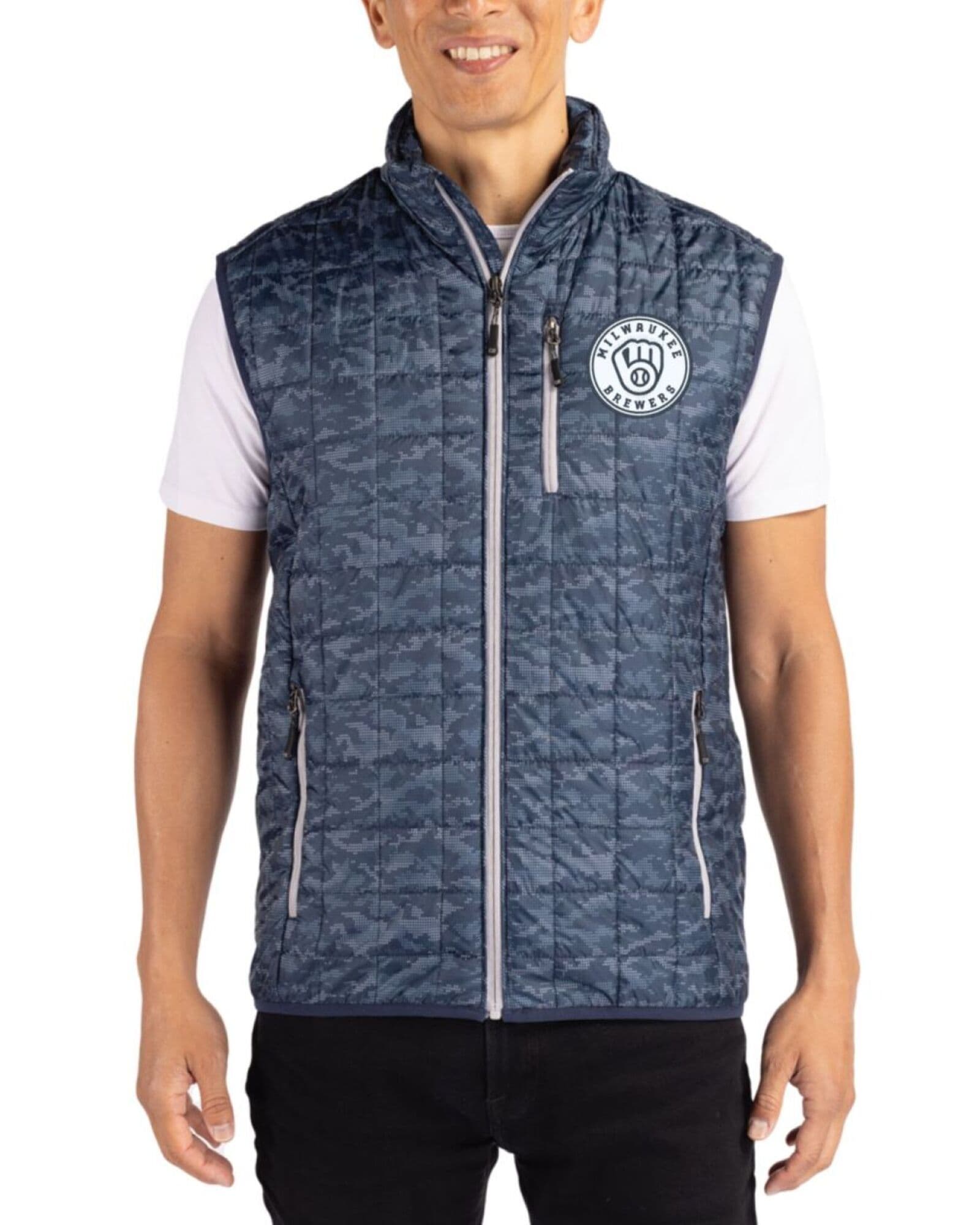 Men's Milwaukee Brewers Cutter & Buck Mono Dark Navy Rainier Insulated Printed Puffer Full Zip Vest