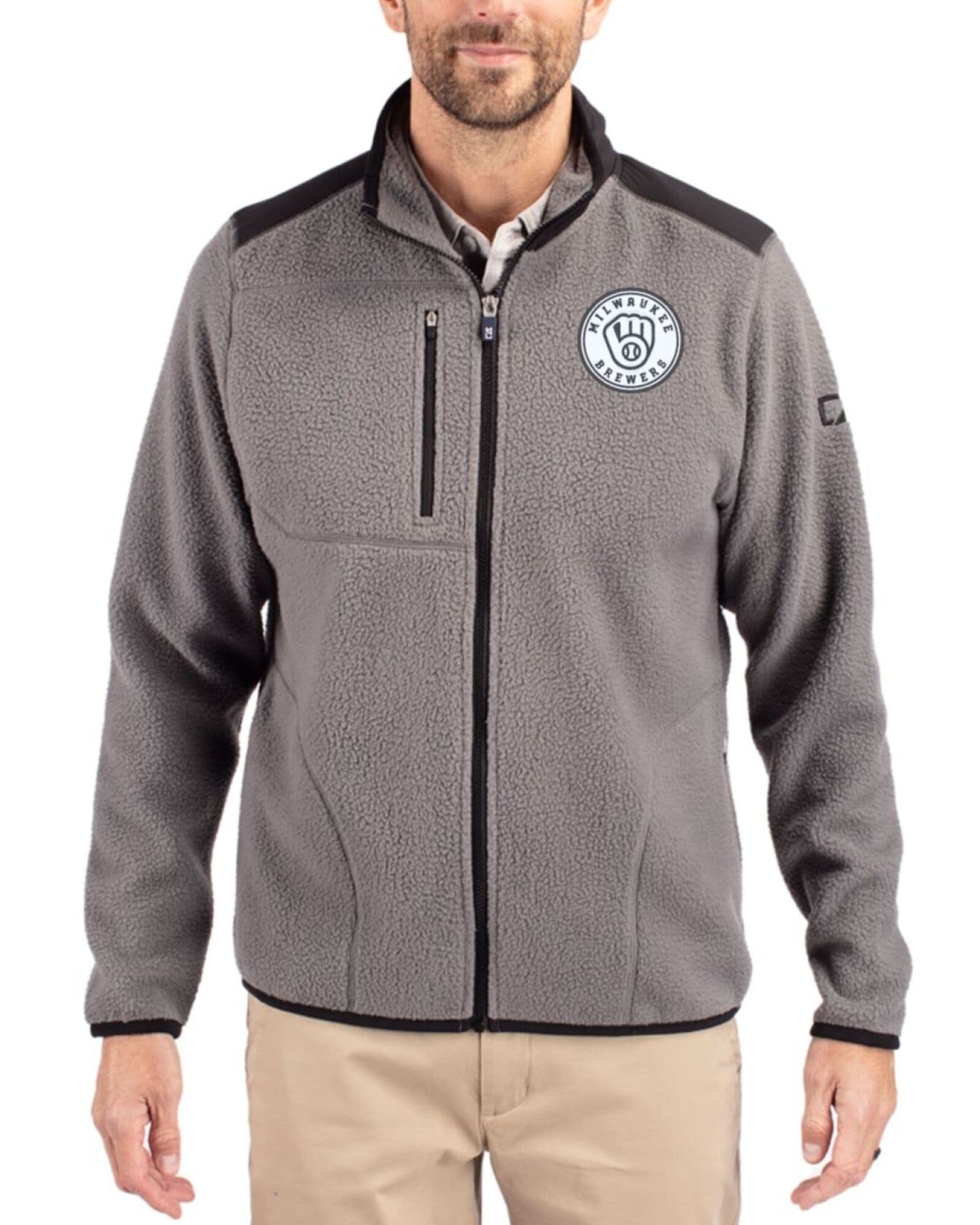 Men's Milwaukee Brewers Cutter & Buck Mono Elemental Grey/Black Cascade Epic Comfort Sherpa Fleece Full Zip Jacket