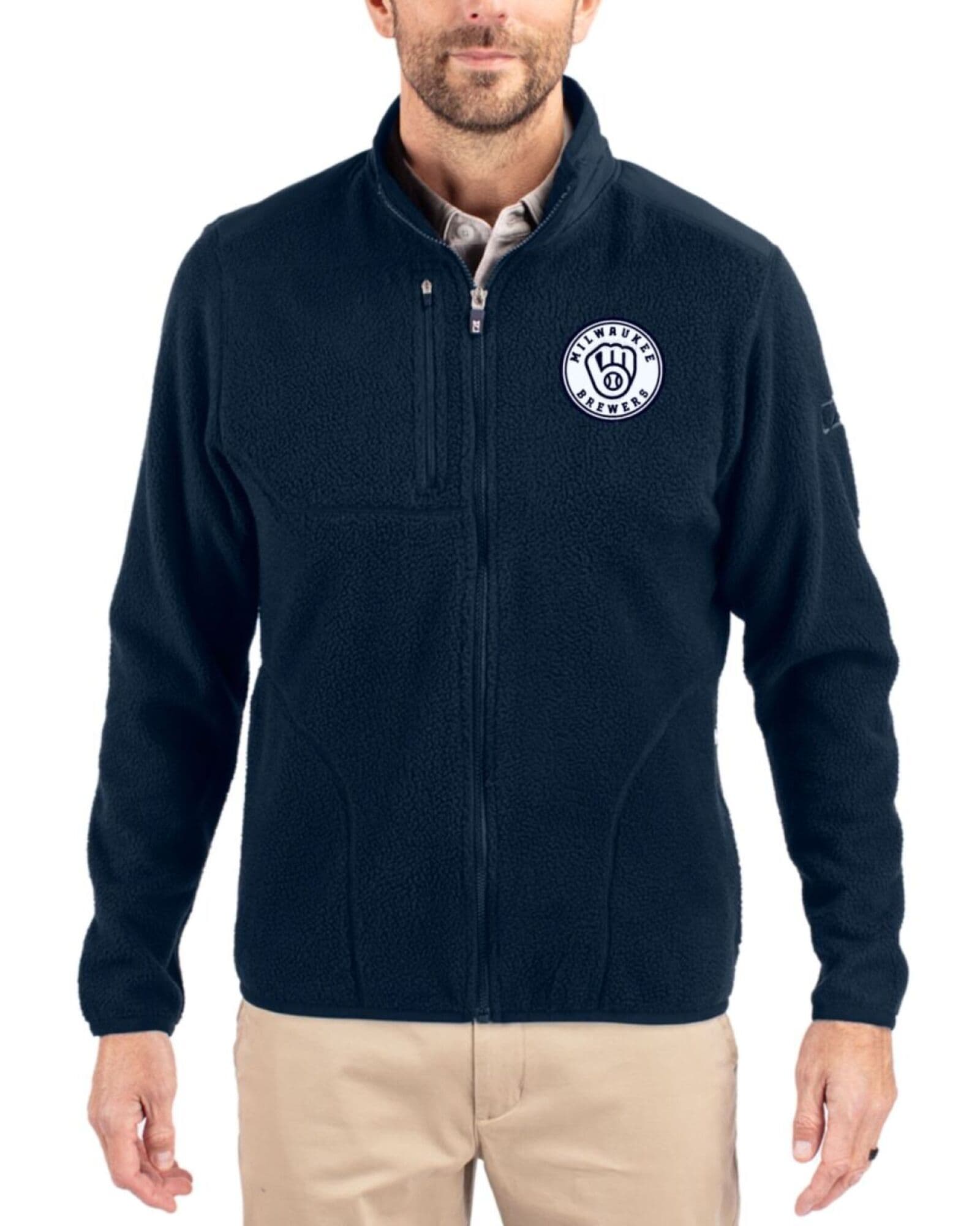 Men's Milwaukee Brewers Cutter & Buck Mono Navy Blue Cascade Epic Comfort Sherpa Fleece Full Zip Jacket
