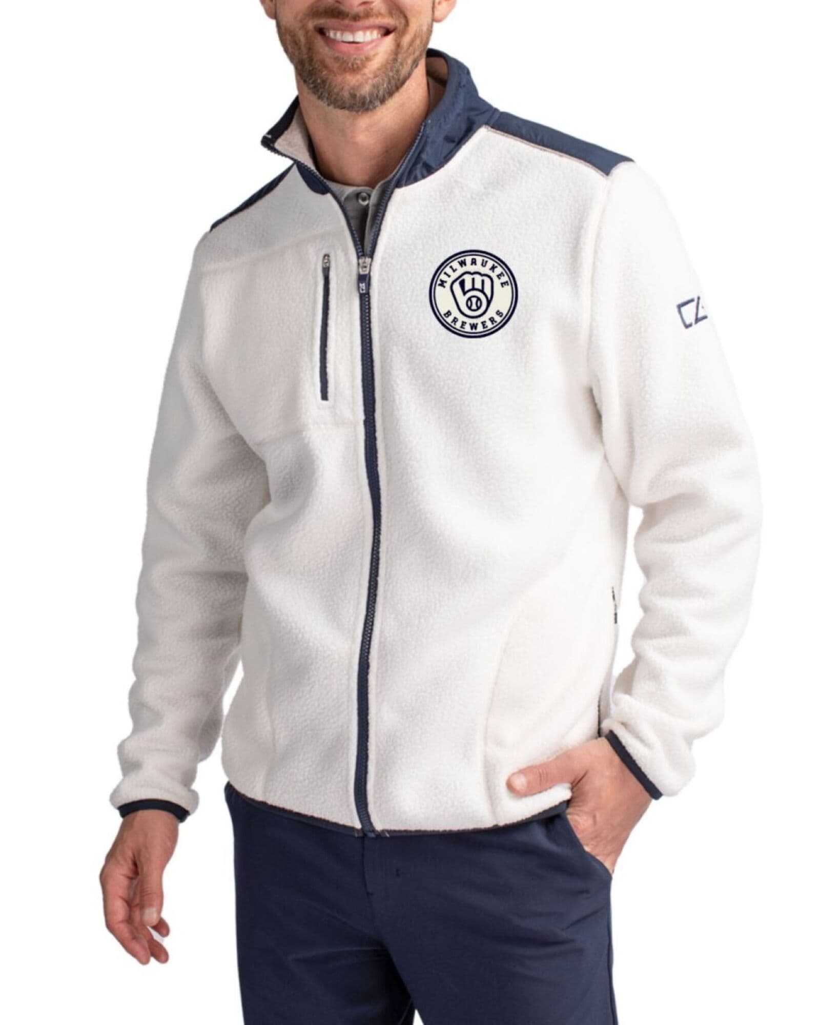 Men's Milwaukee Brewers Cutter & Buck Mono Shell/Navy Blue Cascade Epic Comfort Sherpa Fleece Full Zip Jacket