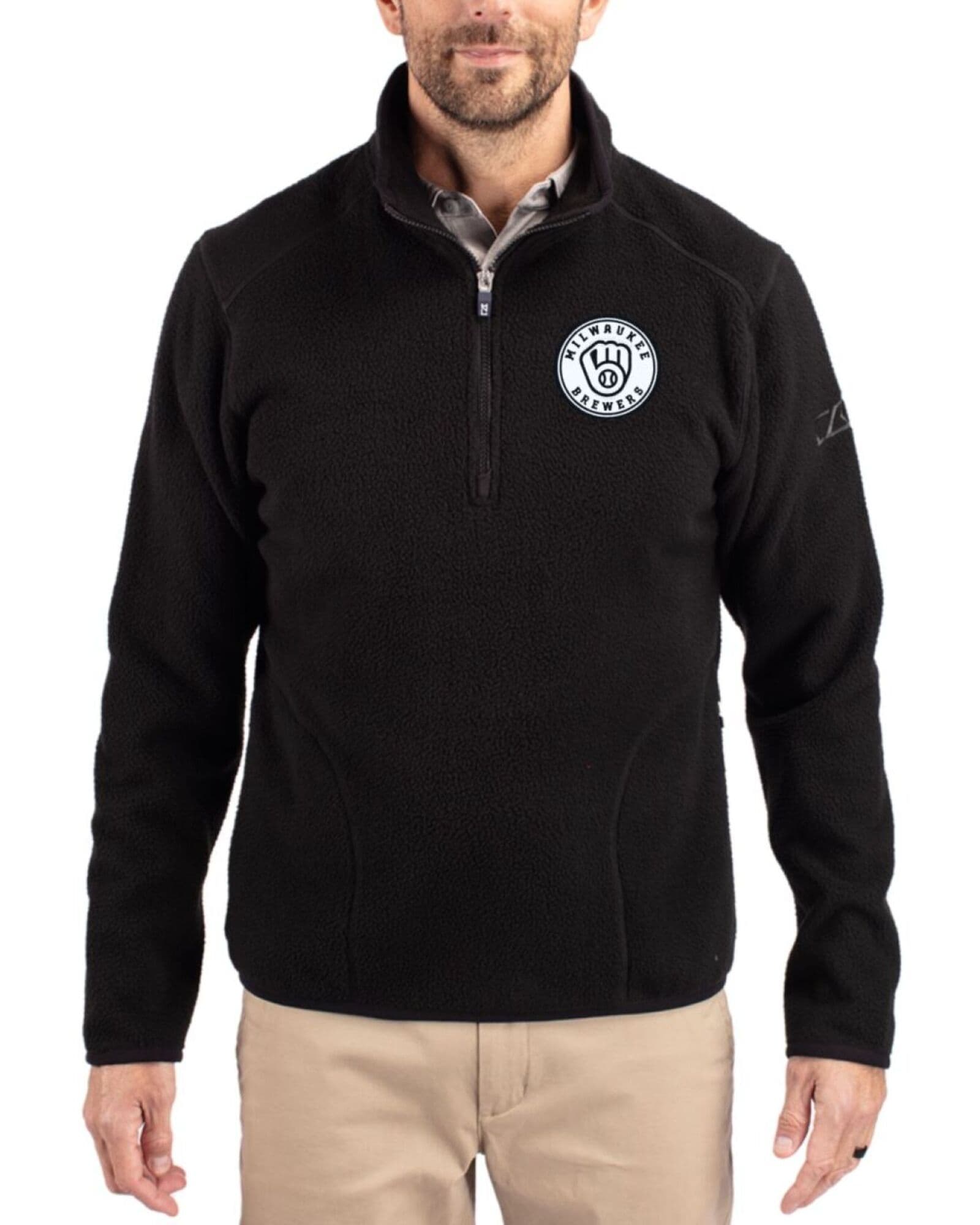 Men's Milwaukee Brewers Cutter & Buck Mono Black Cascade Epic Comfort Sherpa Fleece Quarter Zip Jacket