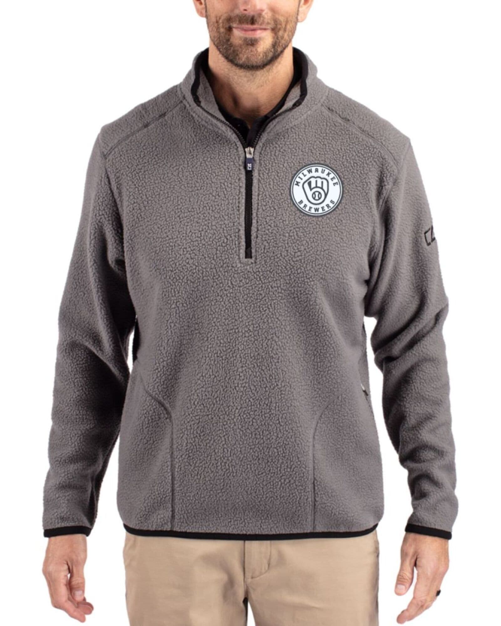 Men's Milwaukee Brewers Cutter & Buck Mono Elemental Grey/Black Cascade Epic Comfort Sherpa Fleece Quarter Zip Jacket