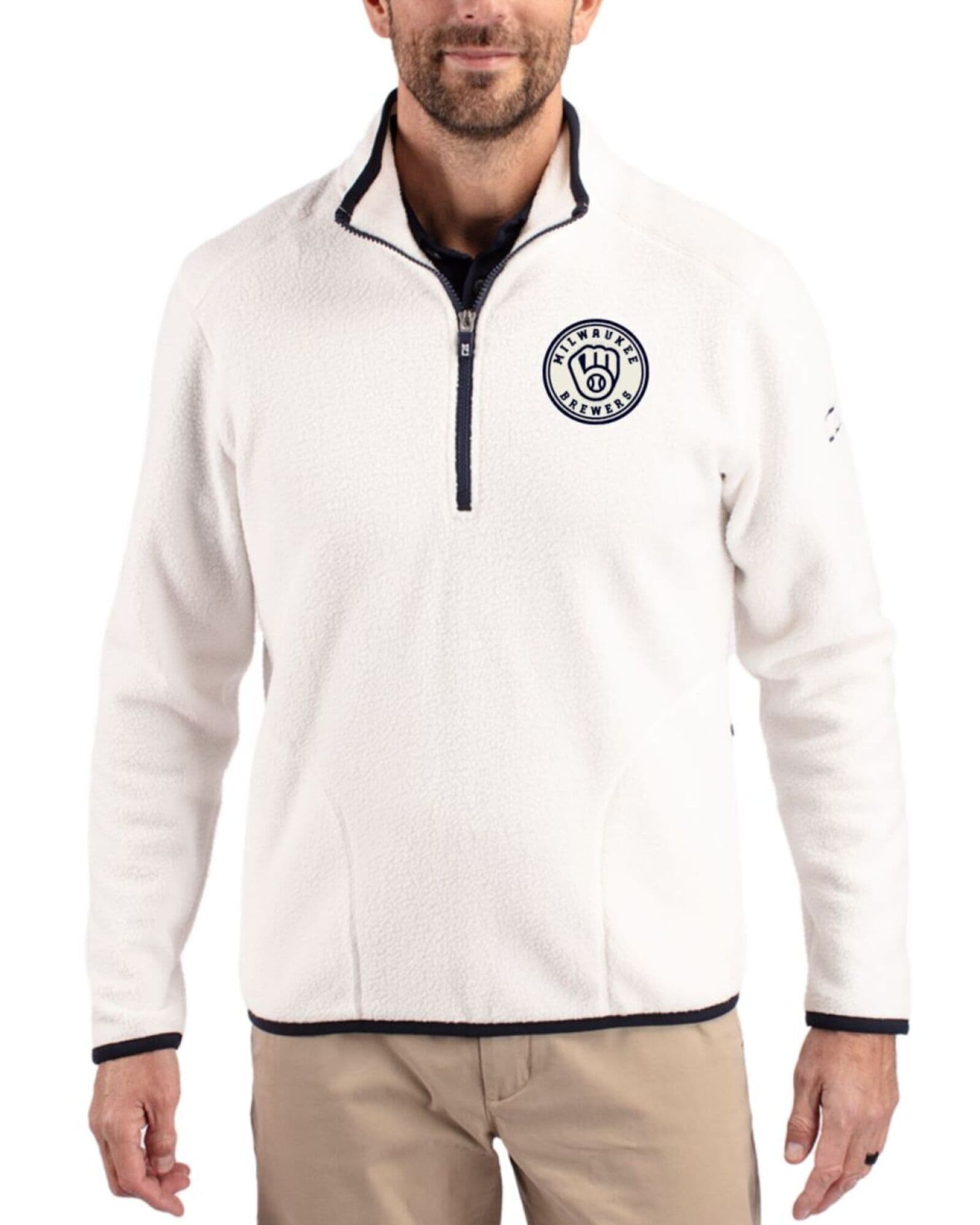Men's Milwaukee Brewers Cutter & Buck Mono Shell/Navy Blue Cascade Epic Comfort Sherpa Fleece Quarter Zip Jacket