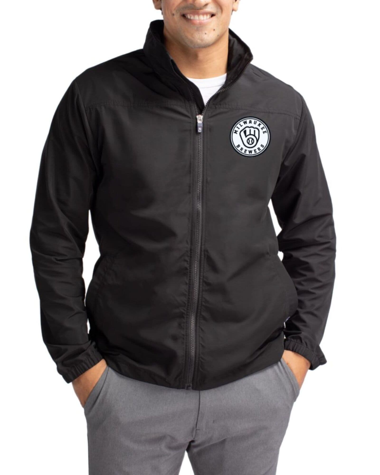 Men's Milwaukee Brewers Cutter & Buck Mono Black Charter Packable Full Zip Jacket