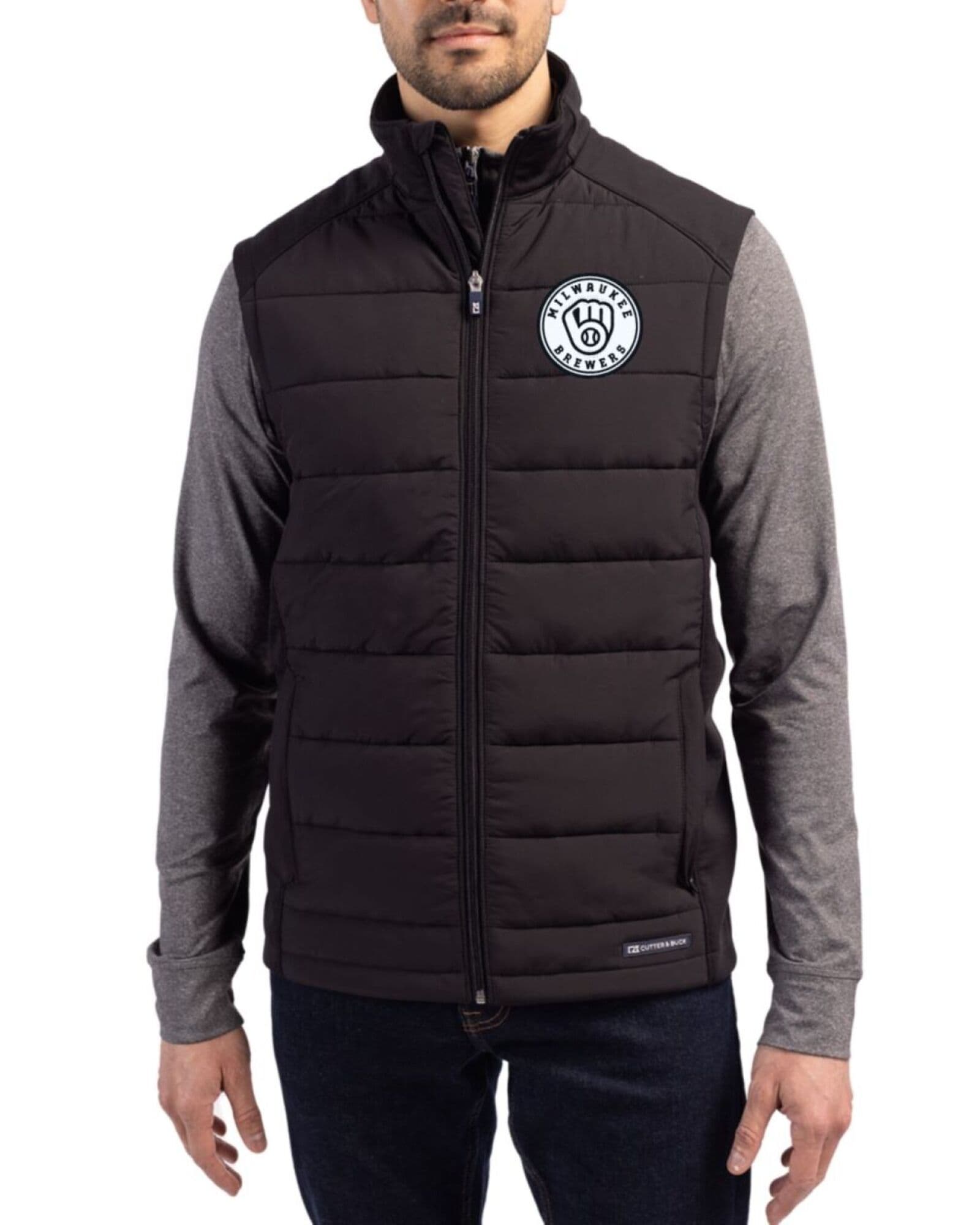 Men's Milwaukee Brewers Cutter & Buck Mono Black Evoke Honeycomb Fleece Hybrid Full Zip Vest