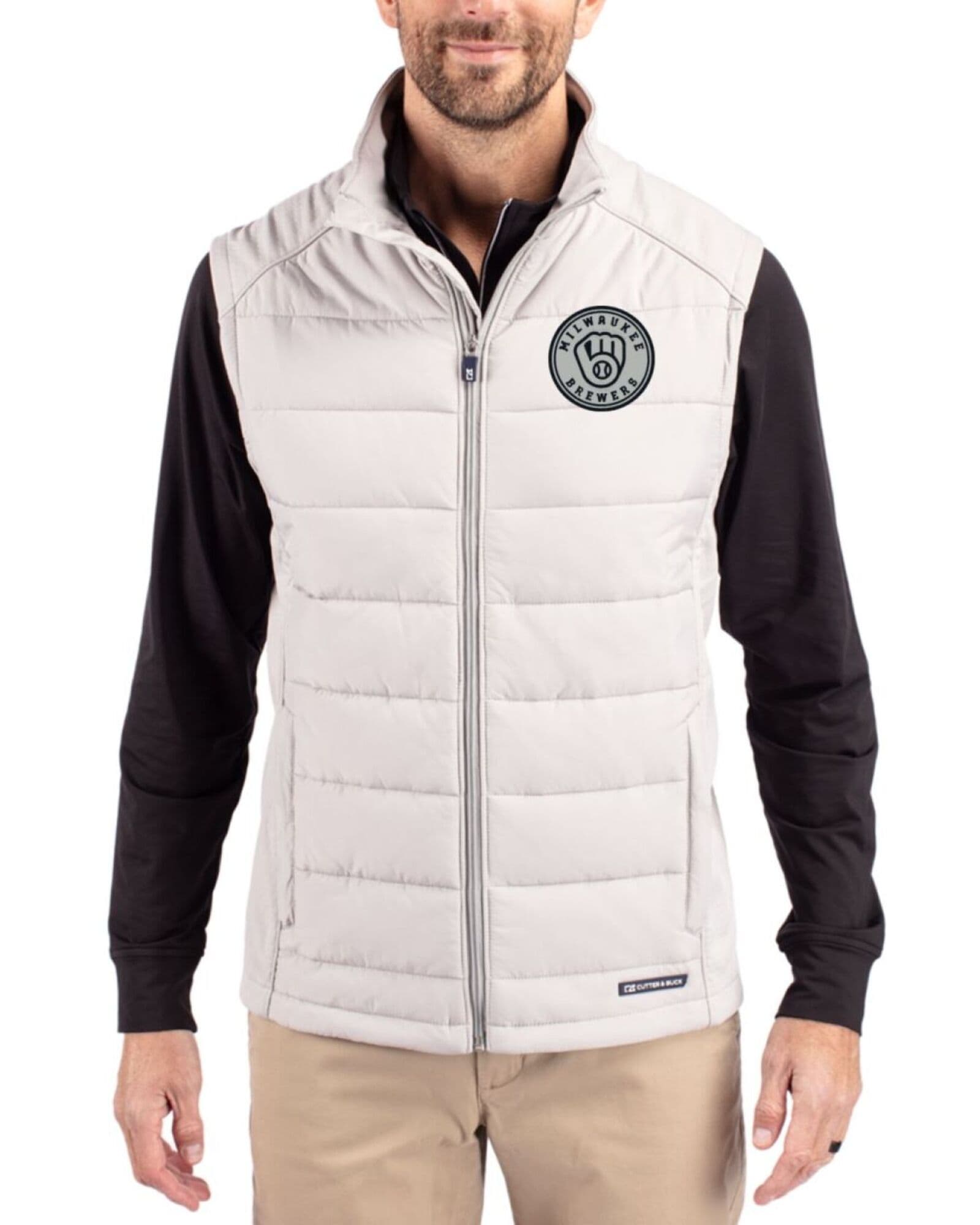 Men's Milwaukee Brewers Cutter & Buck Mono Concrete Evoke Honeycomb Fleece Hybrid Full Zip Vest