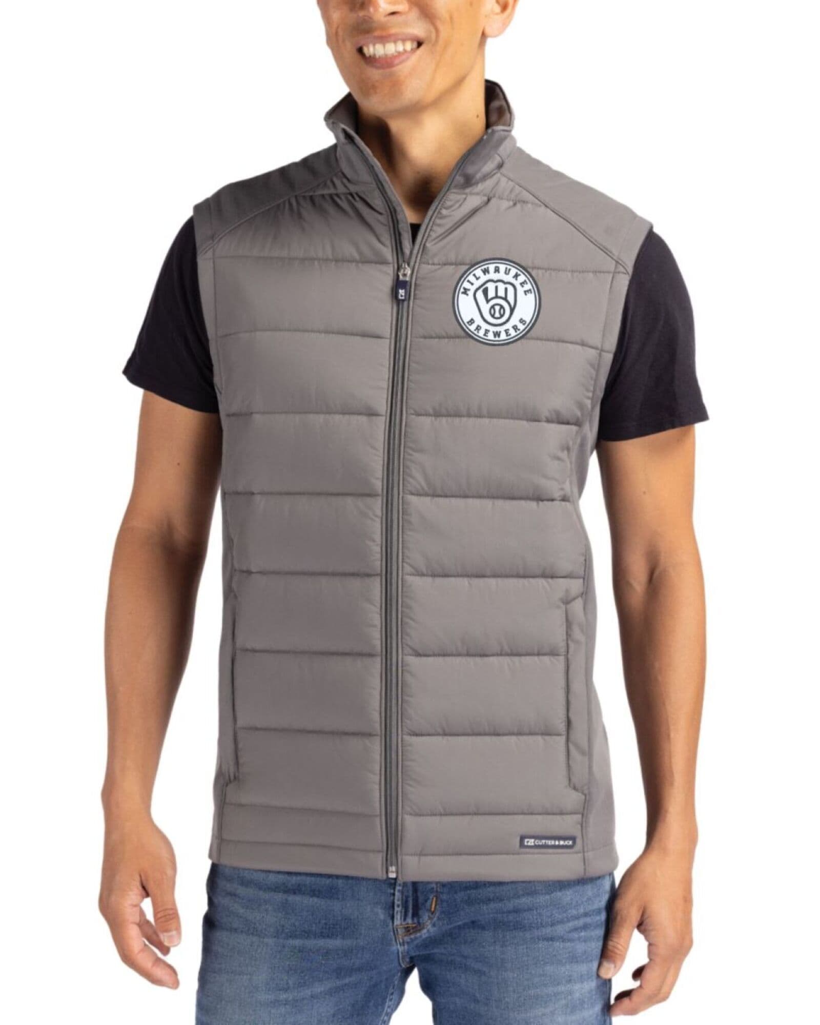 Men's Milwaukee Brewers Cutter & Buck Mono Elemental Grey Evoke Honeycomb Fleece Hybrid Full Zip Vest
