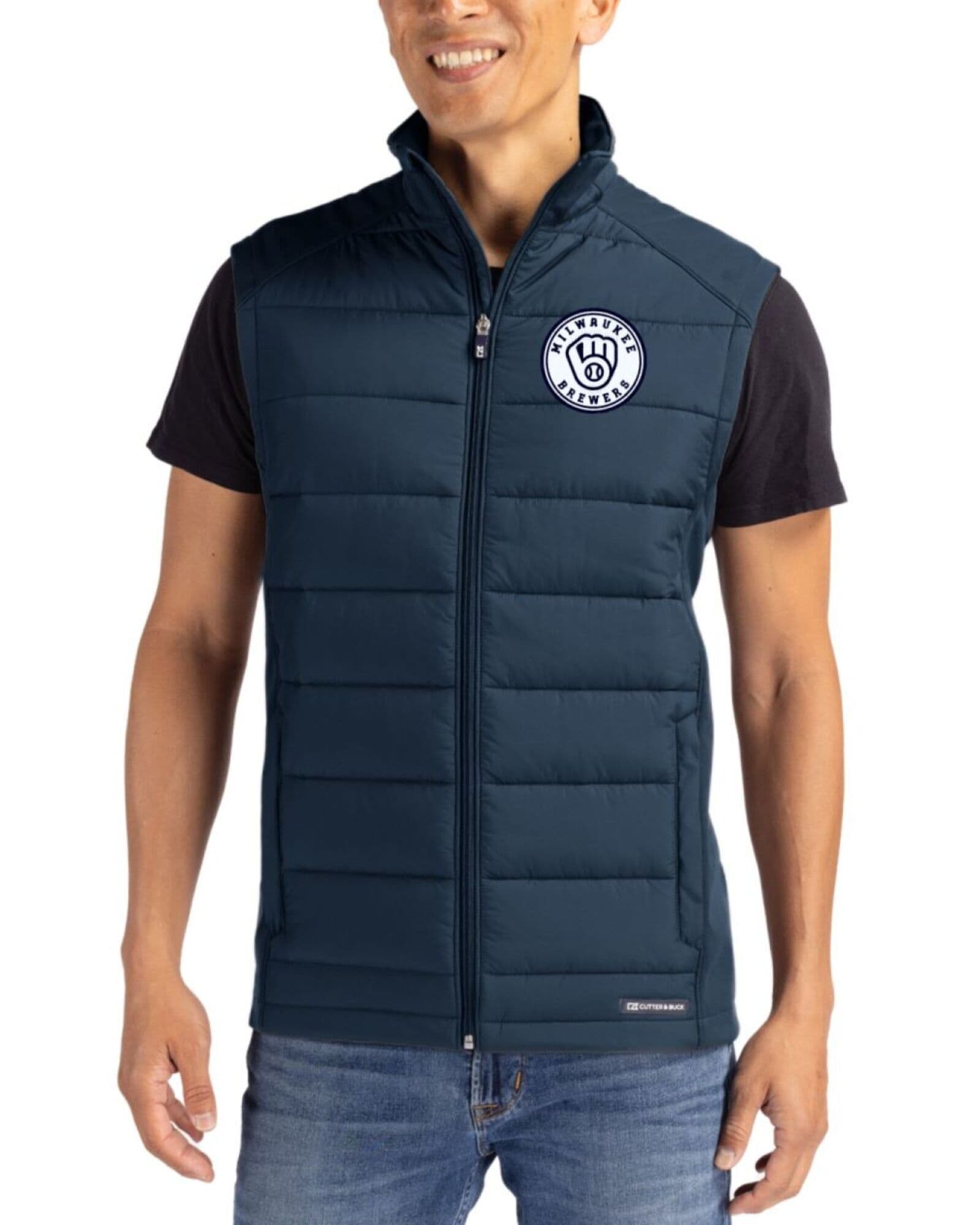 Men's Milwaukee Brewers Cutter & Buck Mono Navy Blue Evoke Honeycomb Fleece Hybrid Full Zip Vest