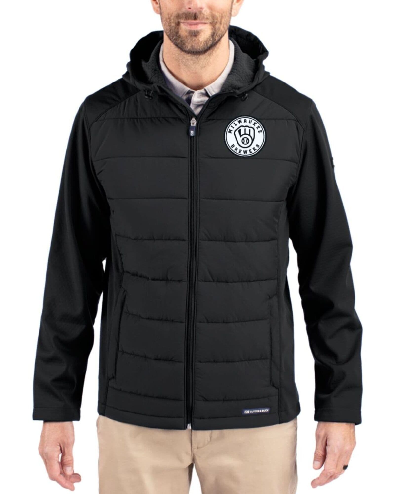 Men's Milwaukee Brewers Cutter & Buck Mono Black Evoke Honeycomb Fleece Hybrid Full Zip Jacket