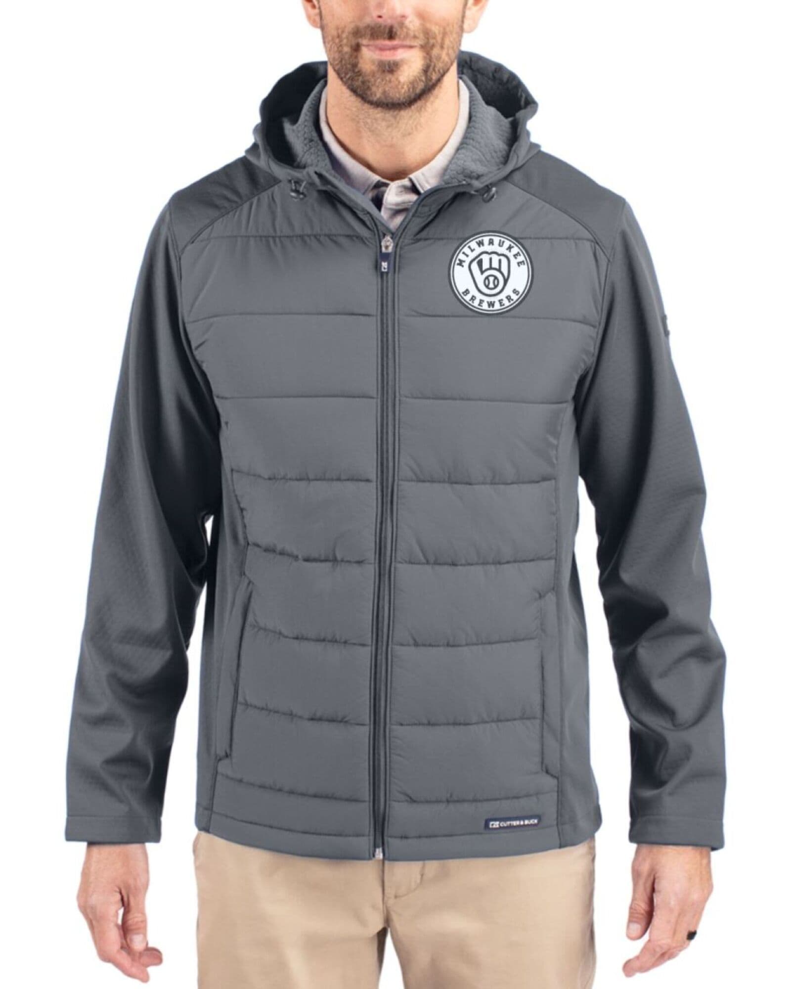 Men's Milwaukee Brewers Cutter & Buck Mono Elemental Grey Evoke Honeycomb Fleece Hybrid Full Zip Jacket