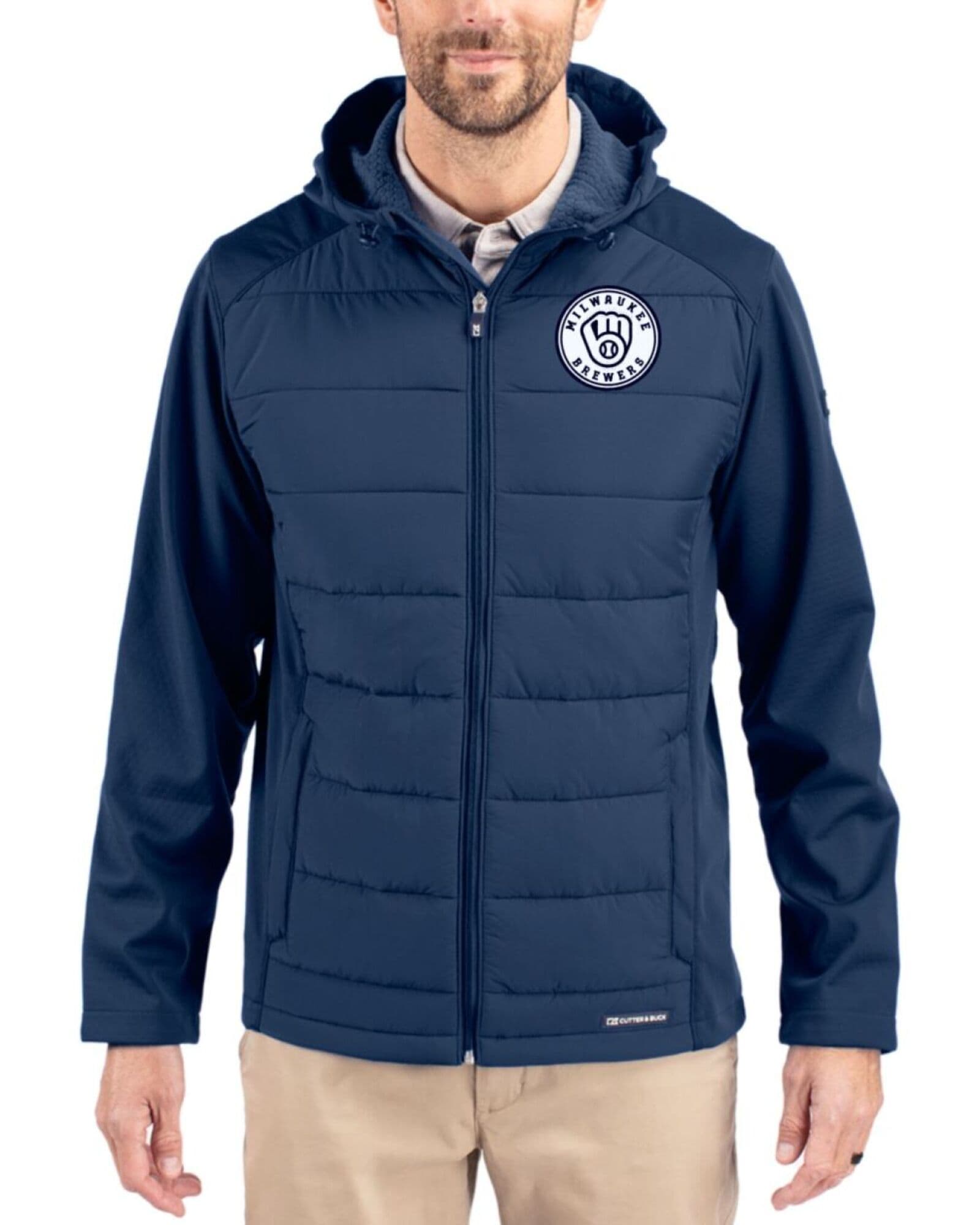 Men's Milwaukee Brewers Cutter & Buck Mono Navy Blue Evoke Honeycomb Fleece Hybrid Full Zip Jacket