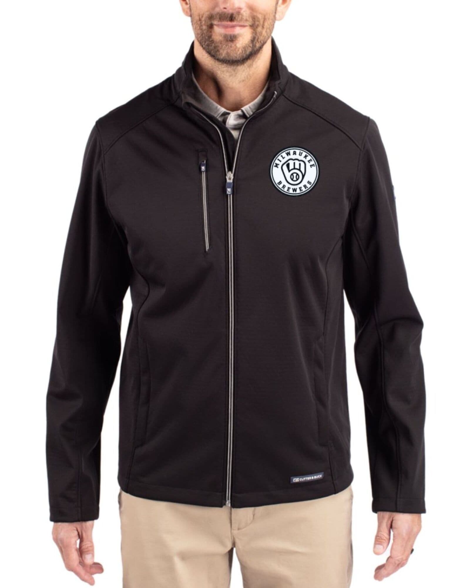Men's Milwaukee Brewers Cutter & Buck Mono Black Evoke Honeycomb Fleece Full Zip Jacket