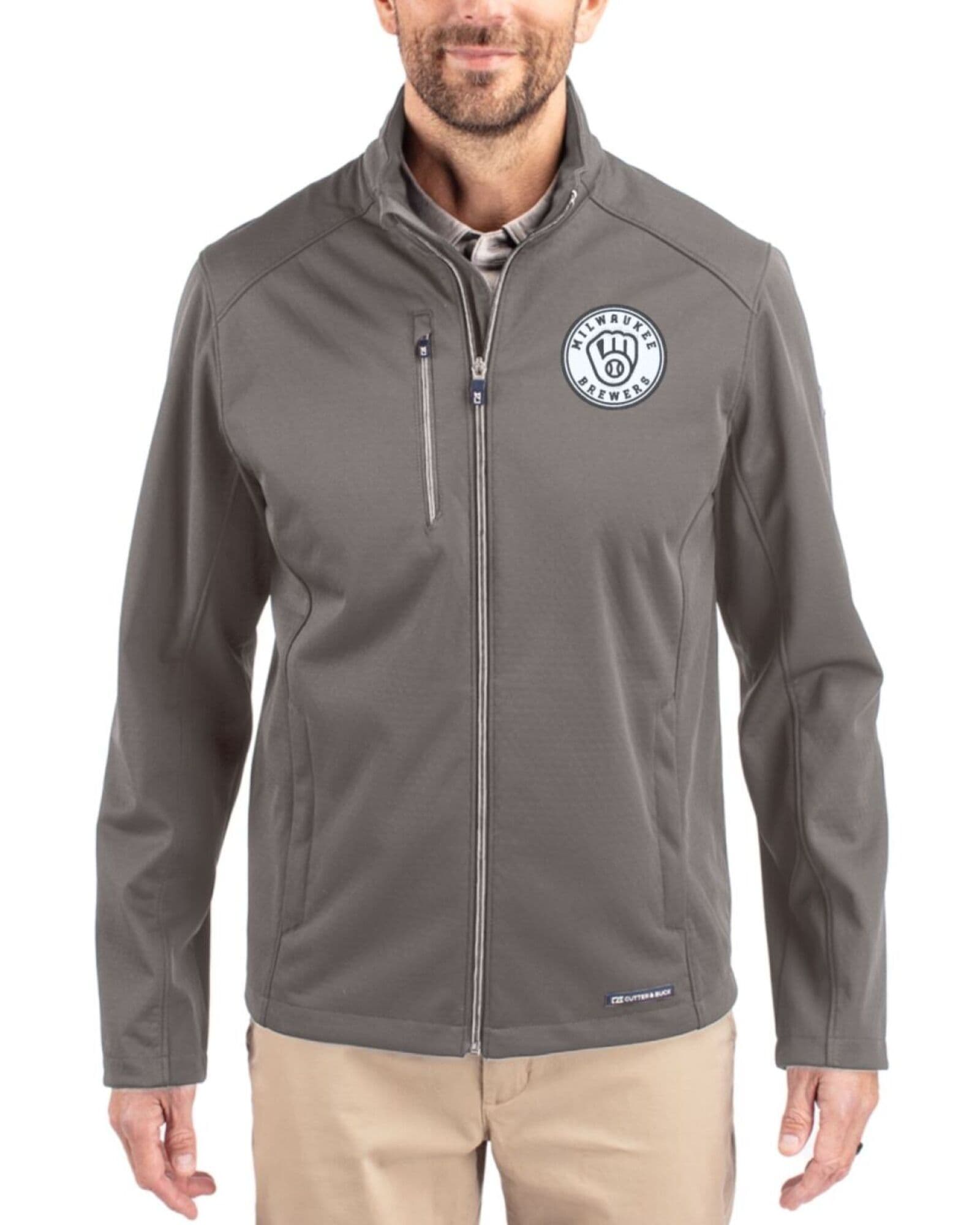 Men's Milwaukee Brewers Cutter & Buck Mono Elemental Grey Evoke Honeycomb Fleece Full Zip Jacket