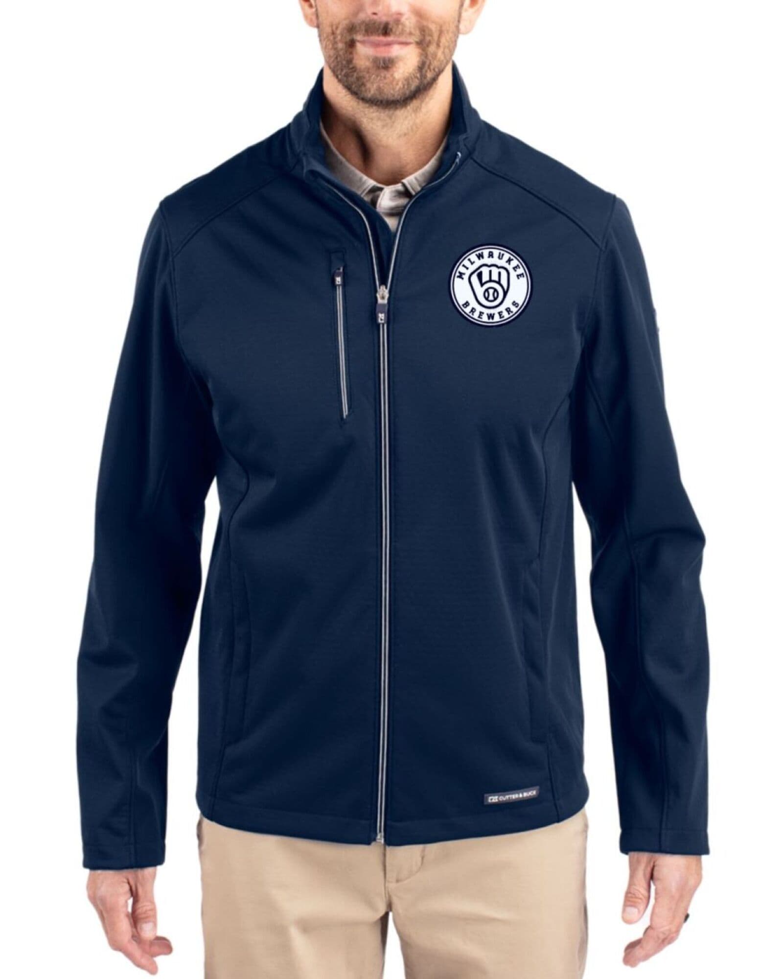 Men's Milwaukee Brewers Cutter & Buck Mono Navy Blue Evoke Honeycomb Fleece Full Zip Jacket