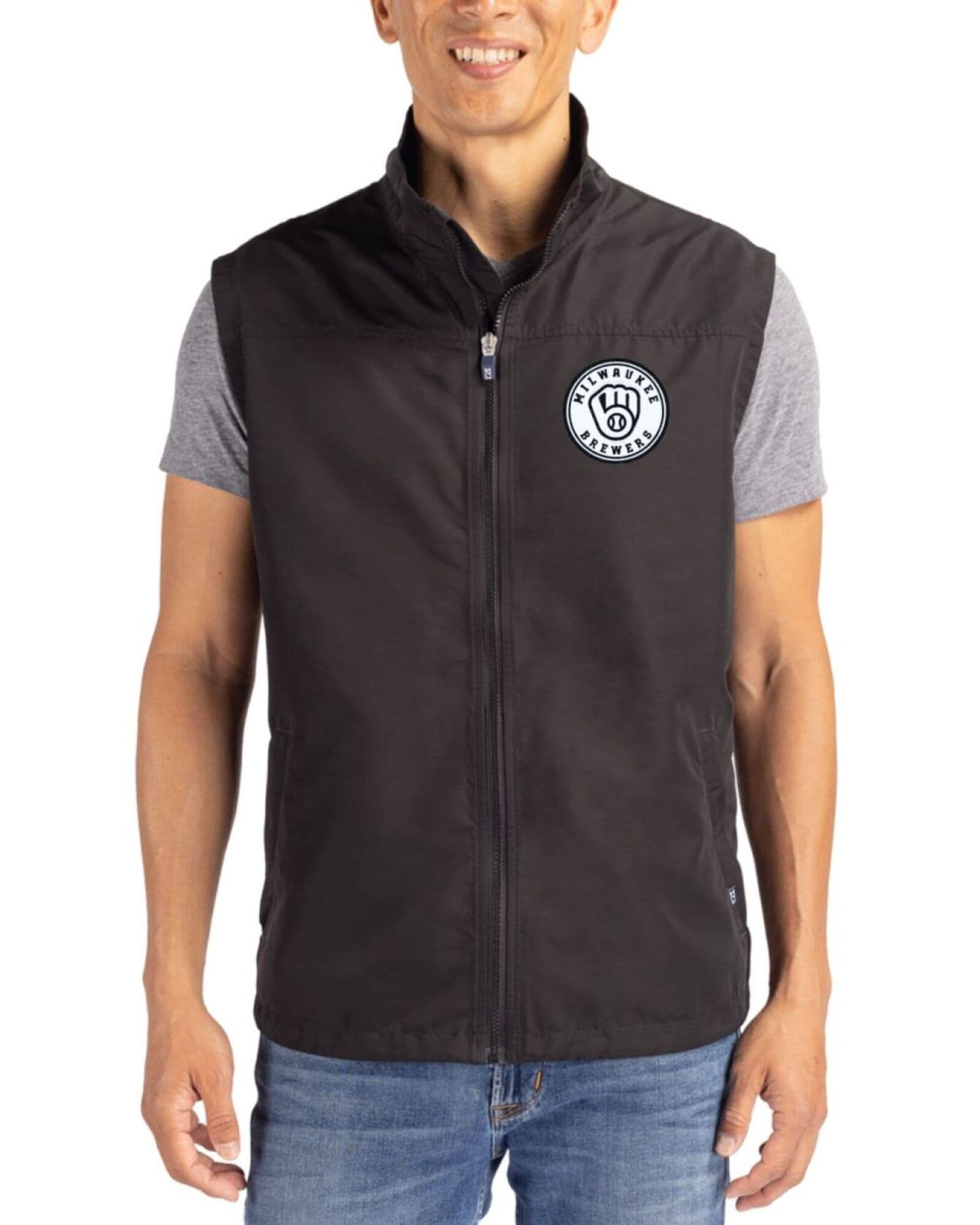 Men's Milwaukee Brewers Cutter & Buck Mono Black Charter Packable Full Zip Vest