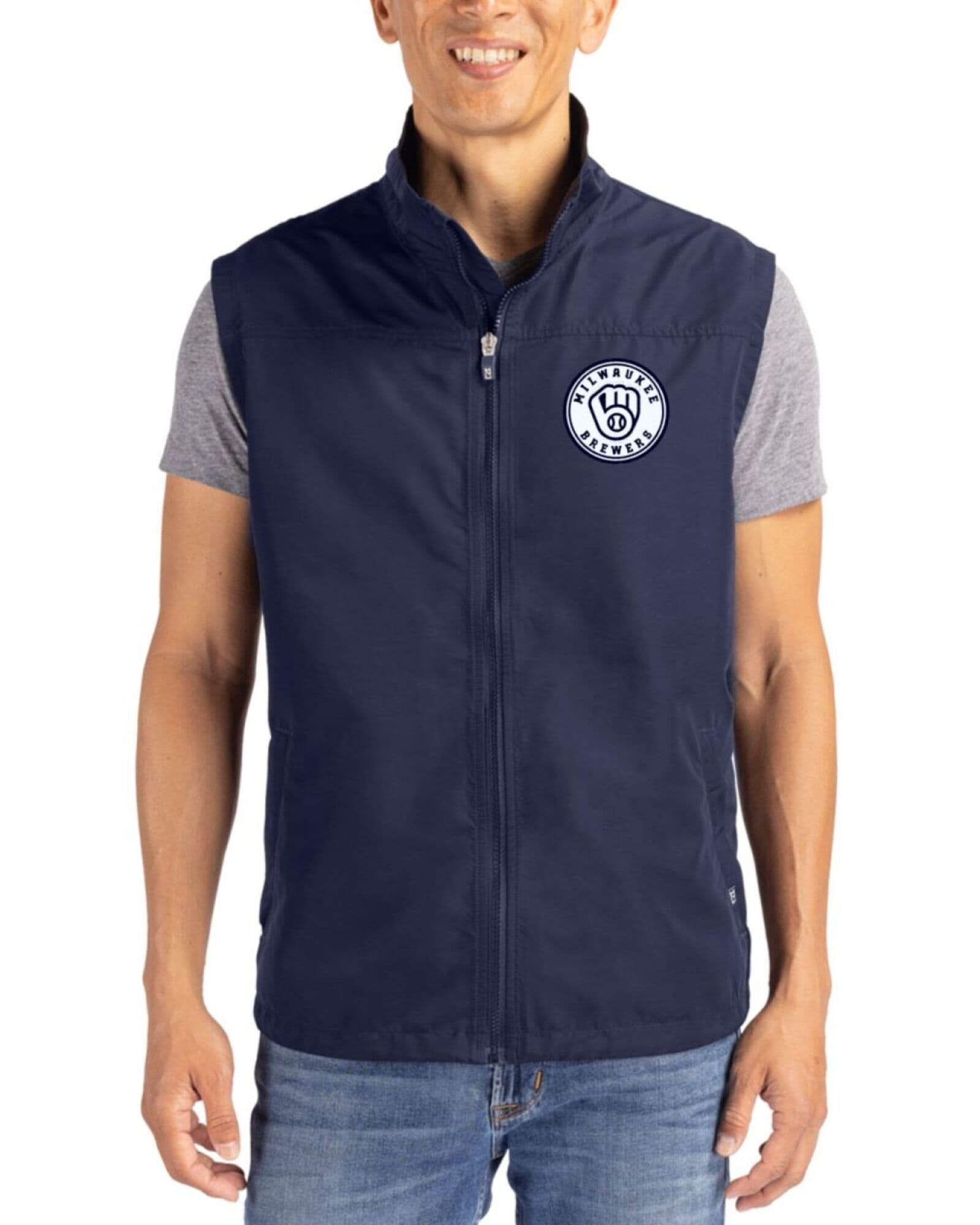 Men's Milwaukee Brewers Cutter & Buck Mono Navy Blue Charter Packable Full Zip Vest