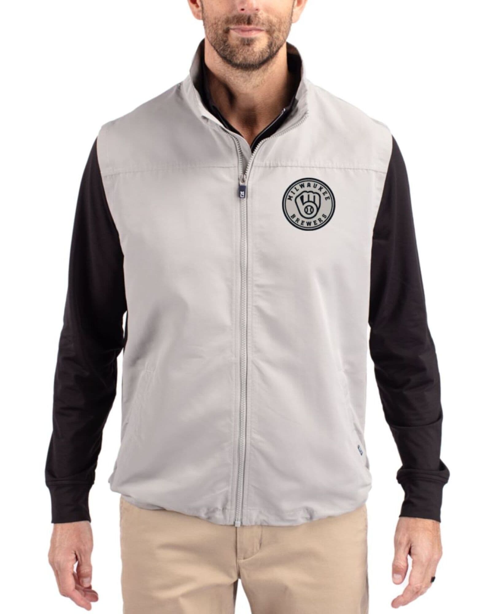 Men's Milwaukee Brewers Cutter & Buck Mono Polished Charter Packable Full Zip Vest
