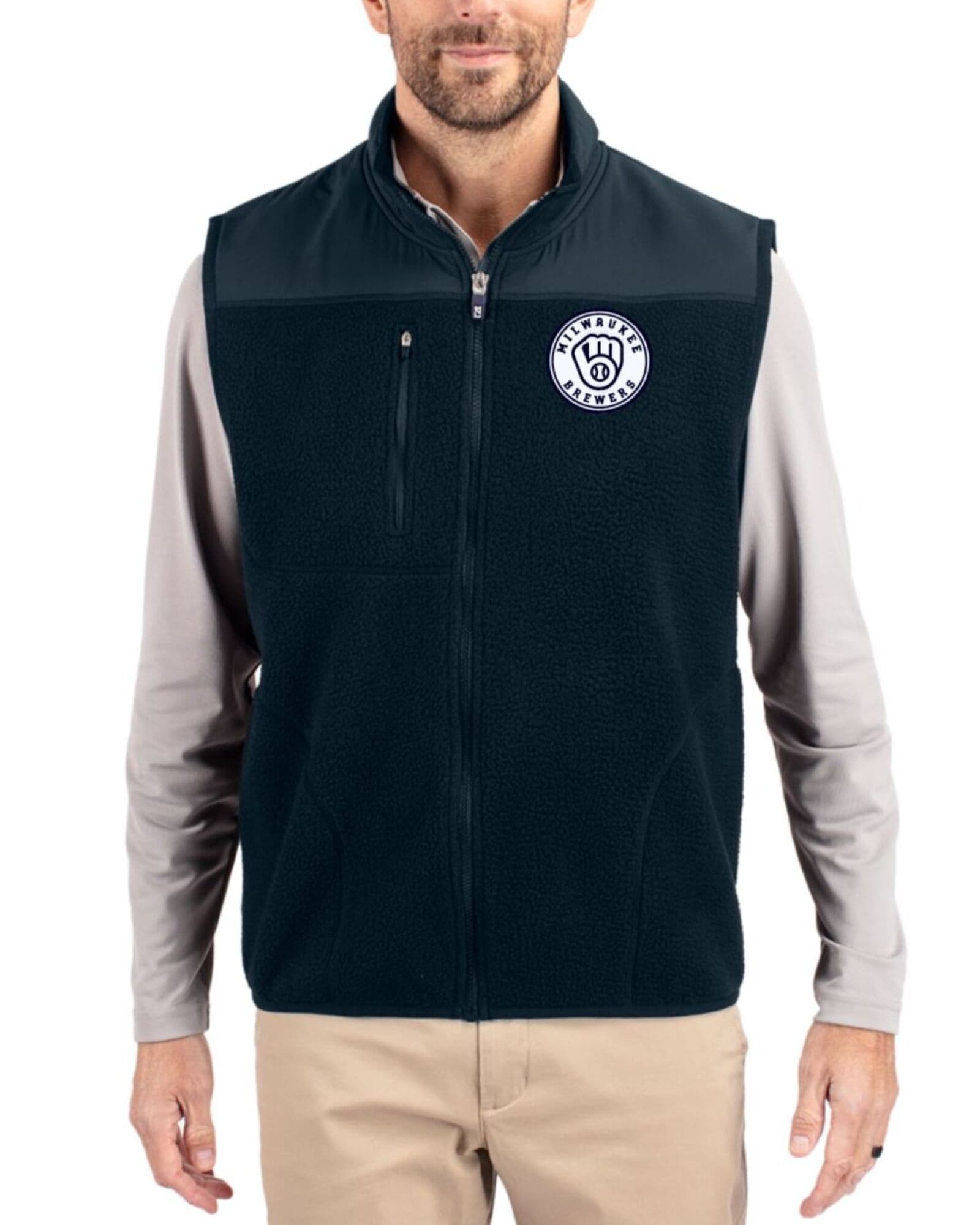Men's Milwaukee Brewers Cutter & Buck Mono Navy Blue Cascade Epic Comfort Sherpa Fleece Full Zip Vest