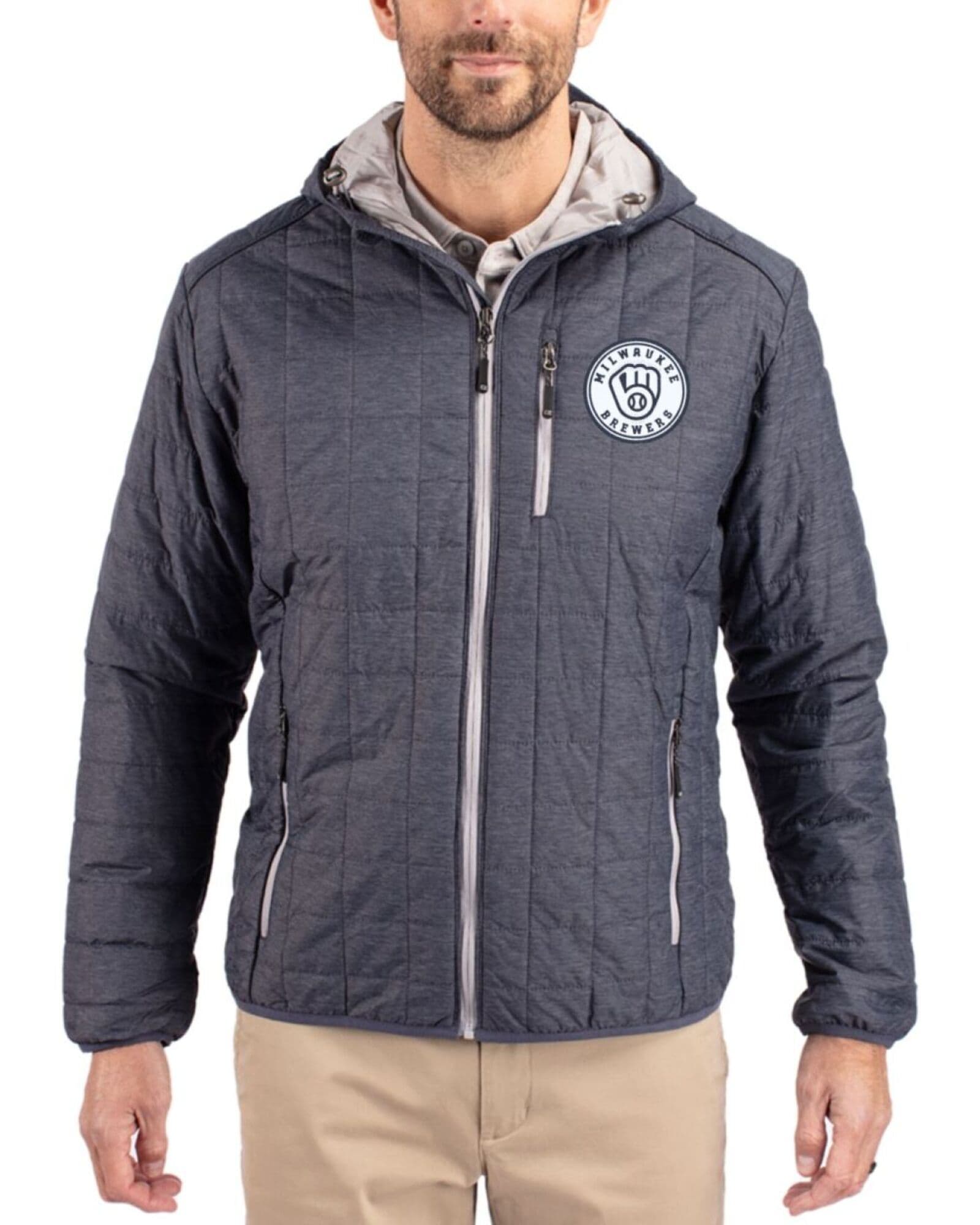 Men's Milwaukee Brewers Cutter & Buck Mono Anthracite Melange Rainier Insulated Puffer Full Zip Hooded Jacket
