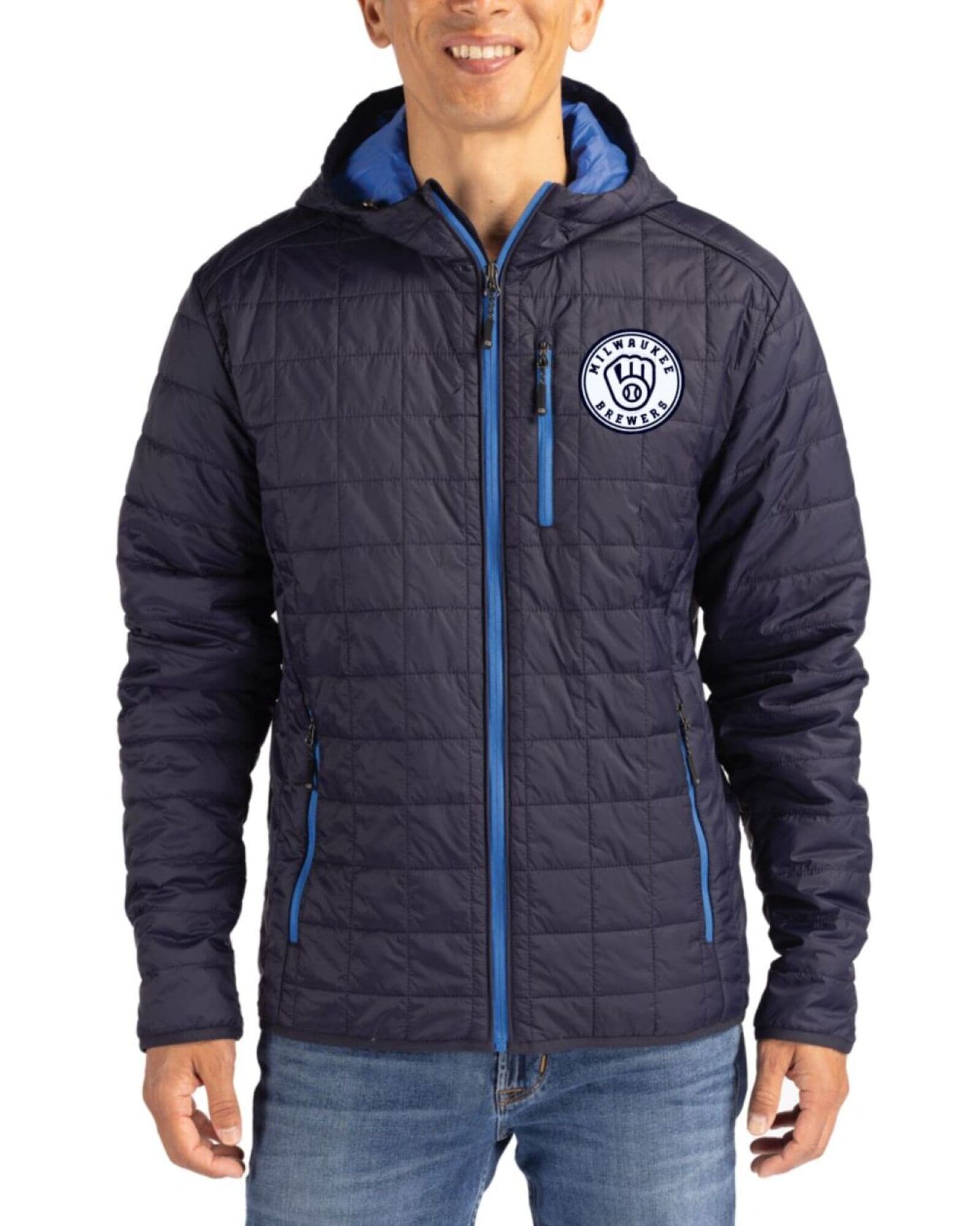 Men's Milwaukee Brewers Cutter & Buck Mono Dark Navy Rainier Insulated Puffer Full Zip Hooded Jacket